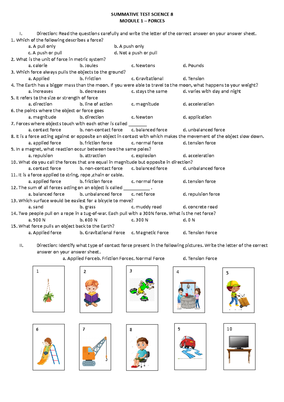 Summative Test Science 8: Understanding Forces and Motion Concepts ...