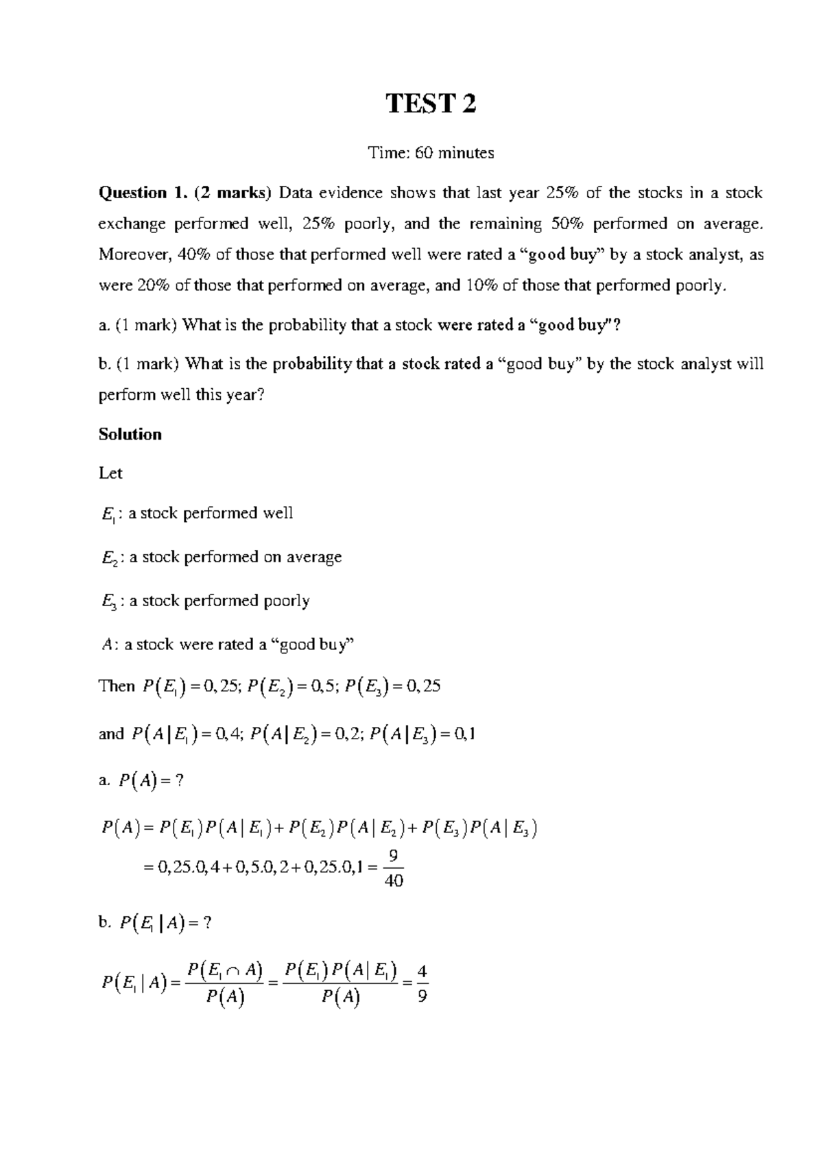 Solution - Test 2 - Bài giải (Probability & Statistics) - Studocu