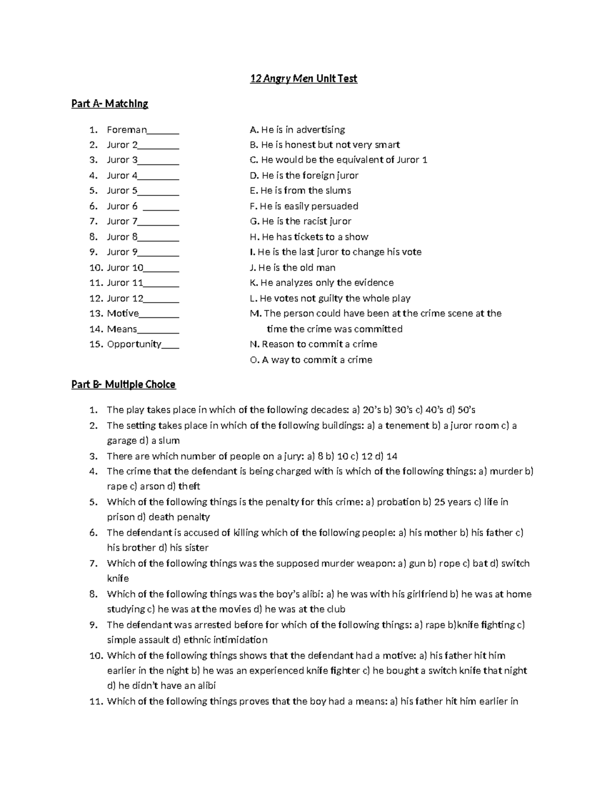 12 Angry Men Unit Test - 12 am test rev - 12 Angry Men Unit Test Part A ...