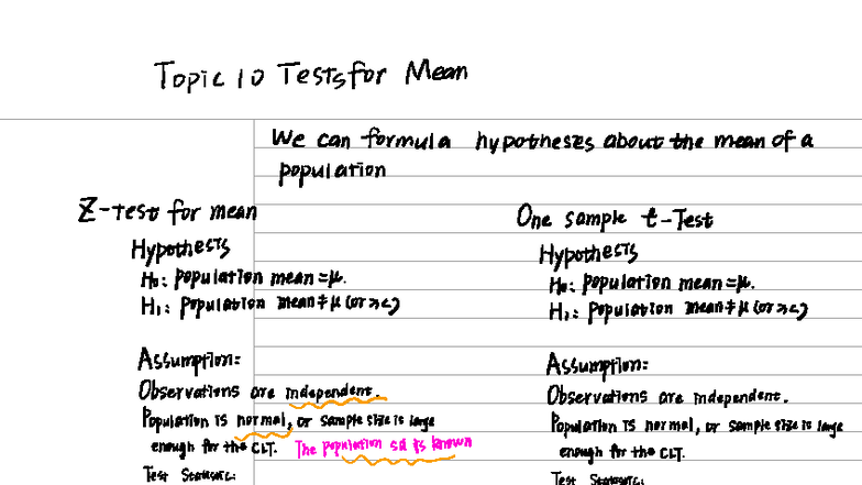 Topic 10: Tests for Mean - Lecture Notes (Course Code) - Studocu