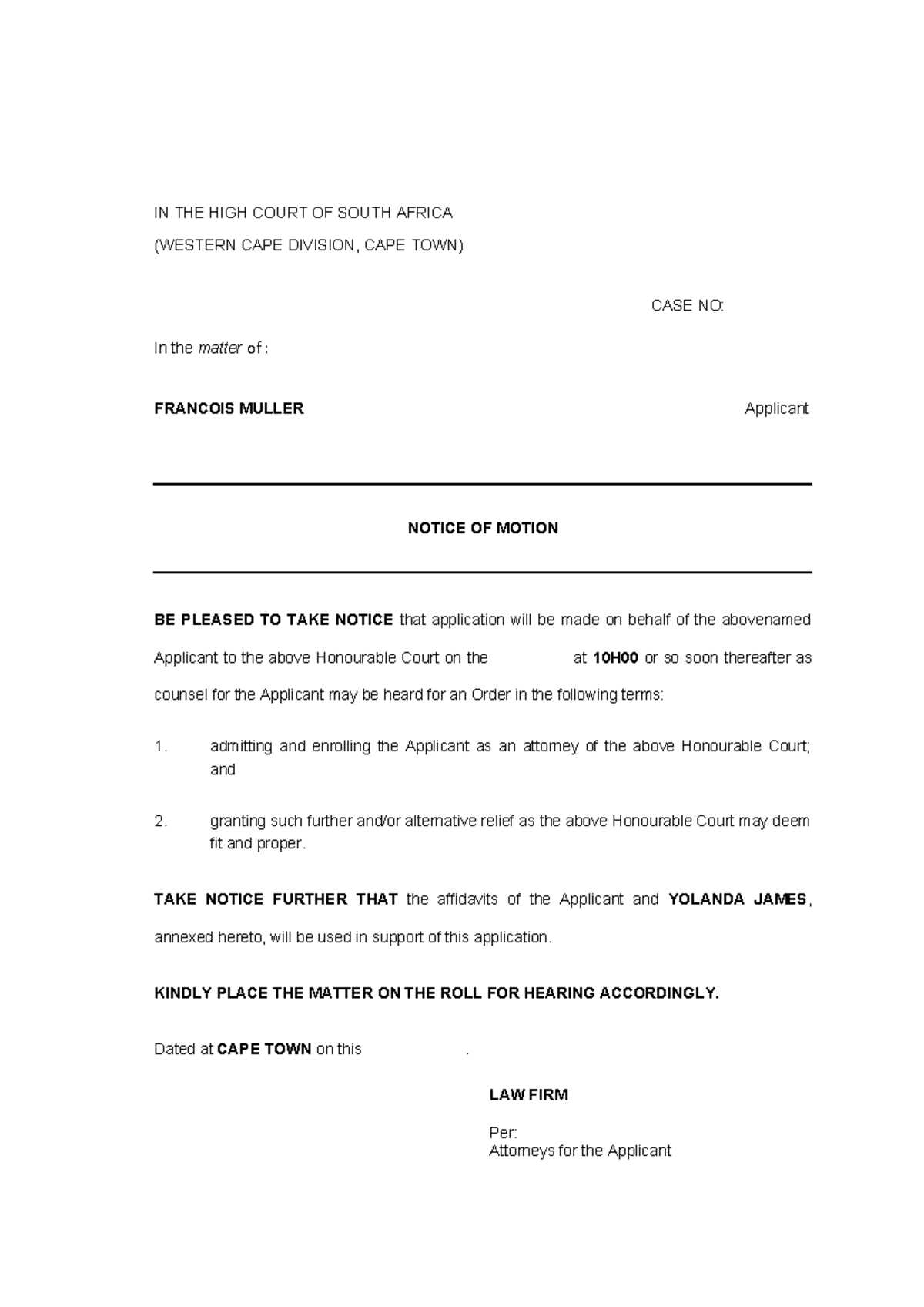 Notice of Motion Ex Parte: Francois Muller Case No. HC - Studocu