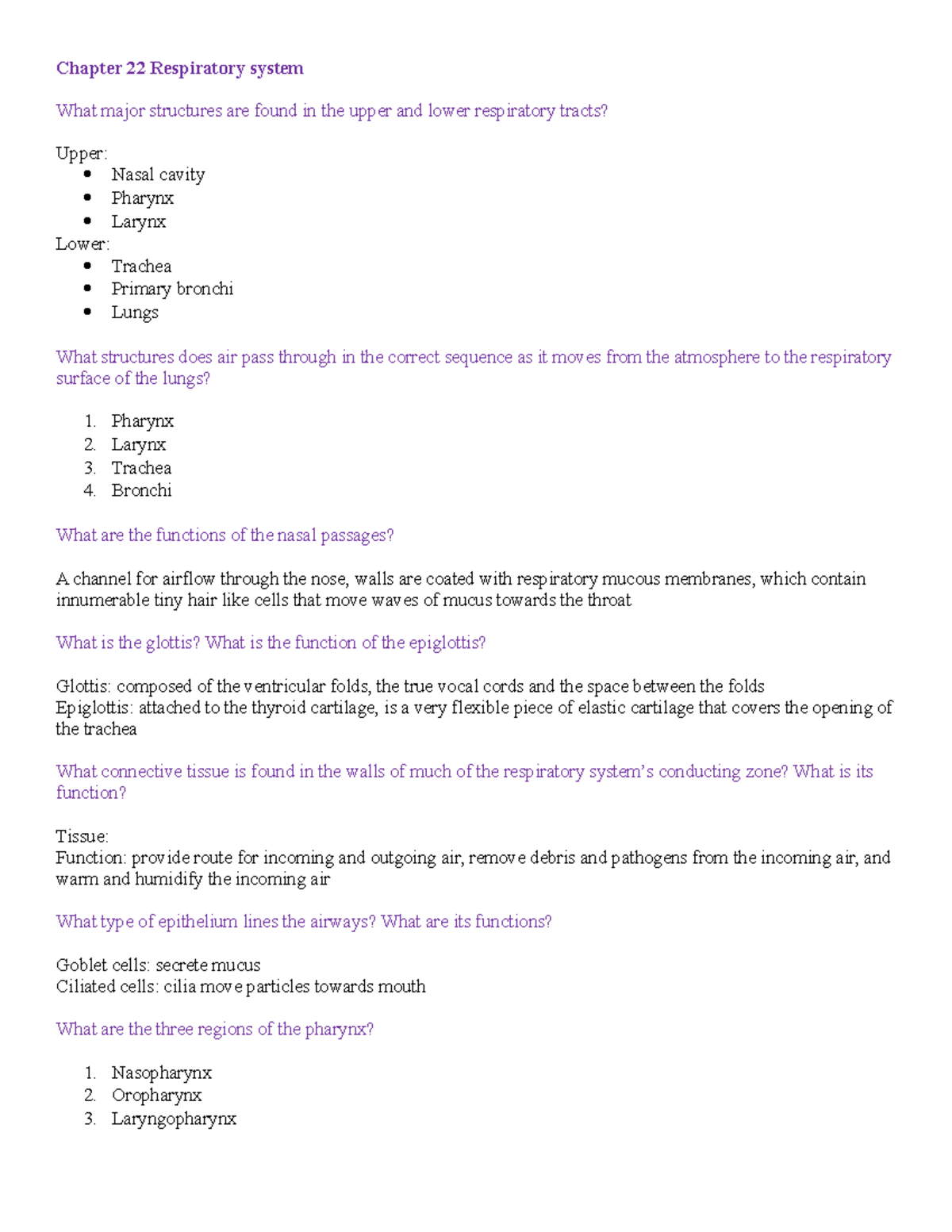 Chapter 22 study guide - Chapter 22 Respiratory system What major ...