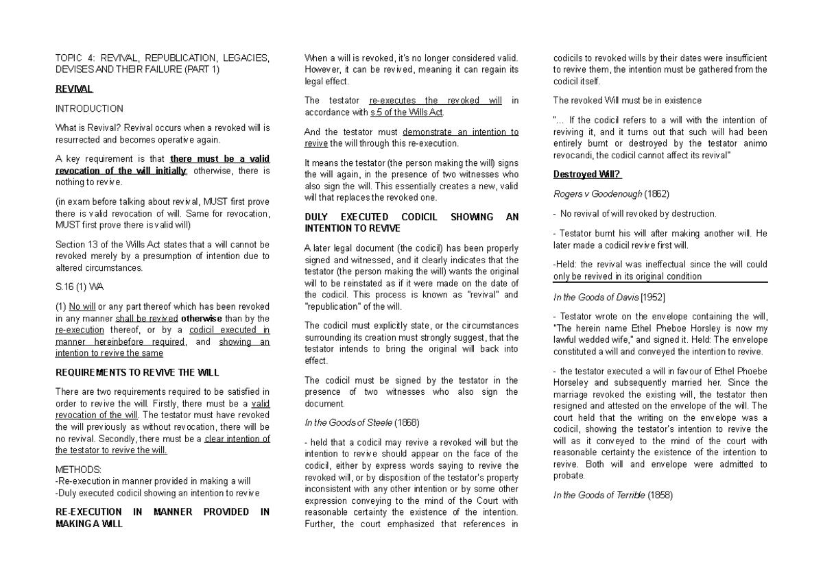 Topic 4 (Pt 1) - Revival, Republication, and Wills: Legal Insights ...
