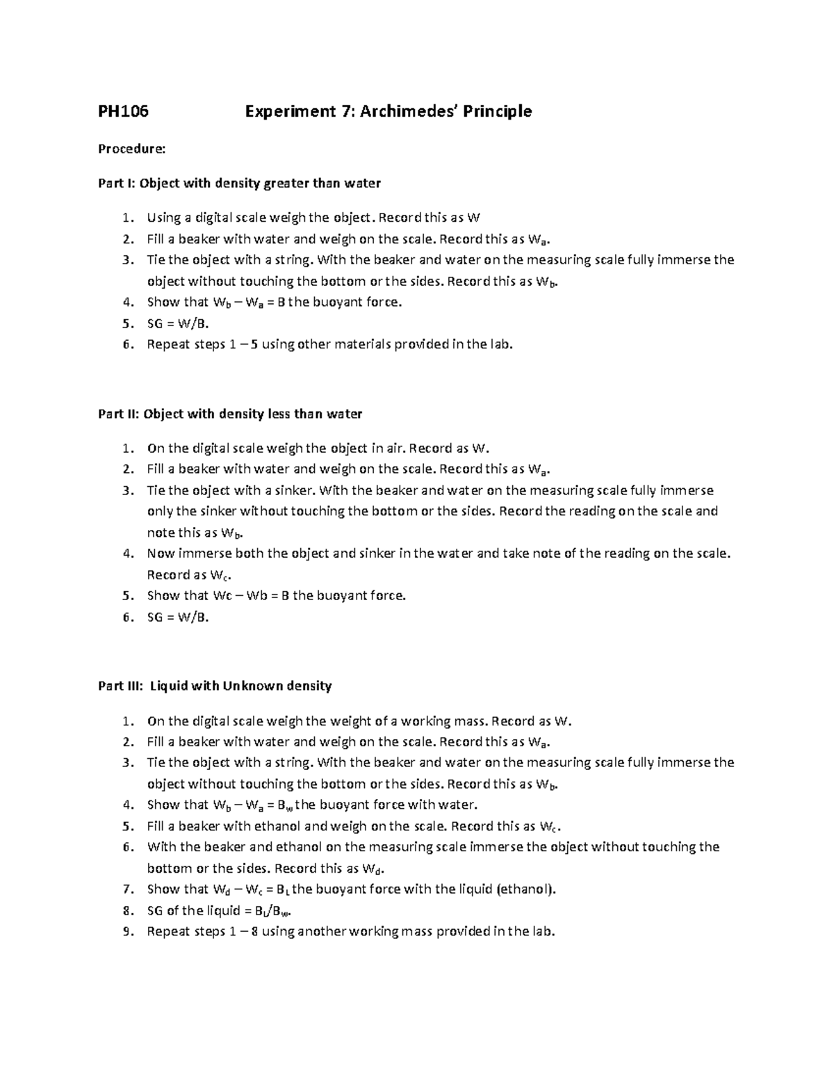 PH106 Experiment 7: Buoyancy Principles and Procedures - Studocu