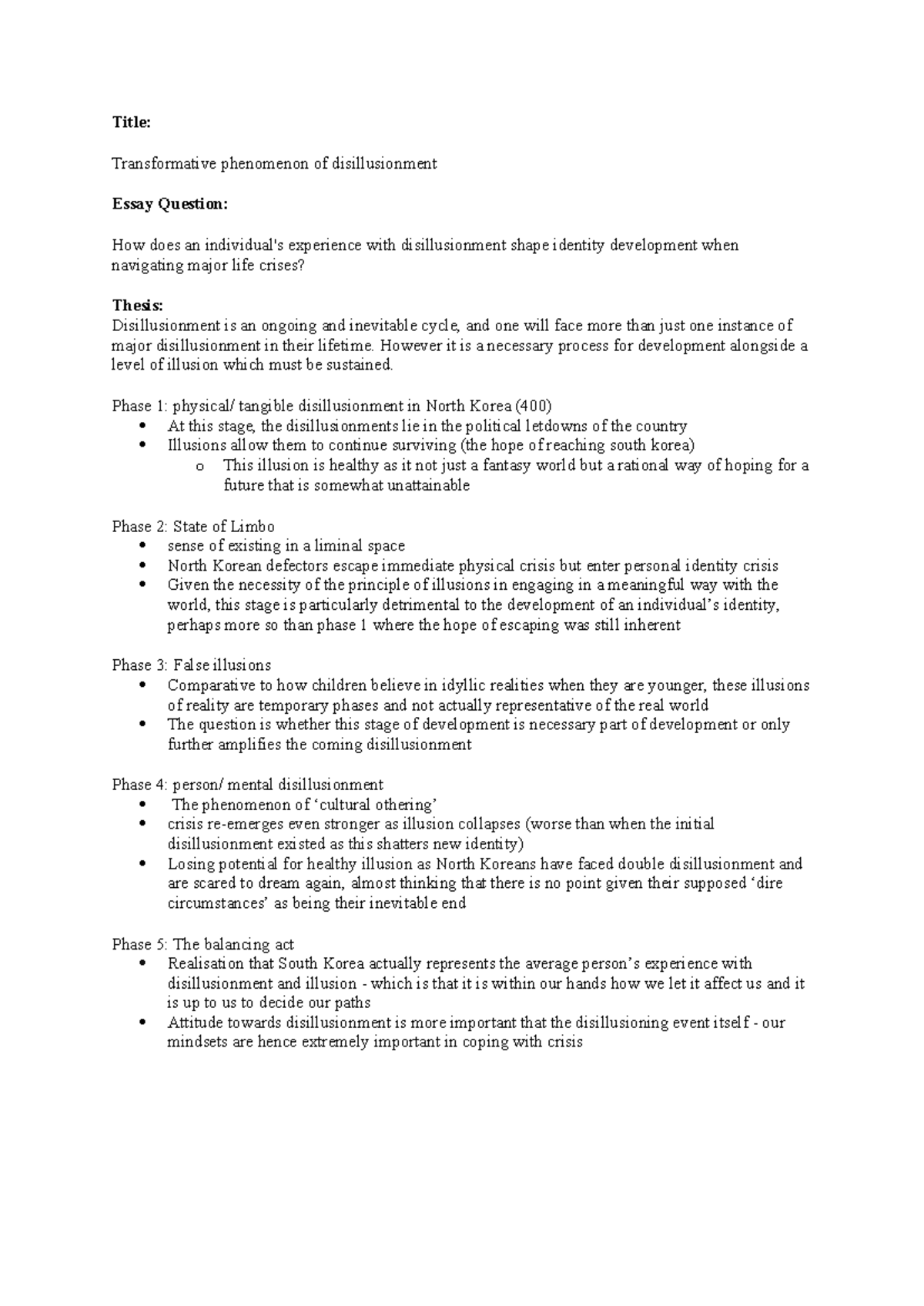 Transformative Phenomenon of Disillusionment: Essay Plan 1 (3886) - Studocu