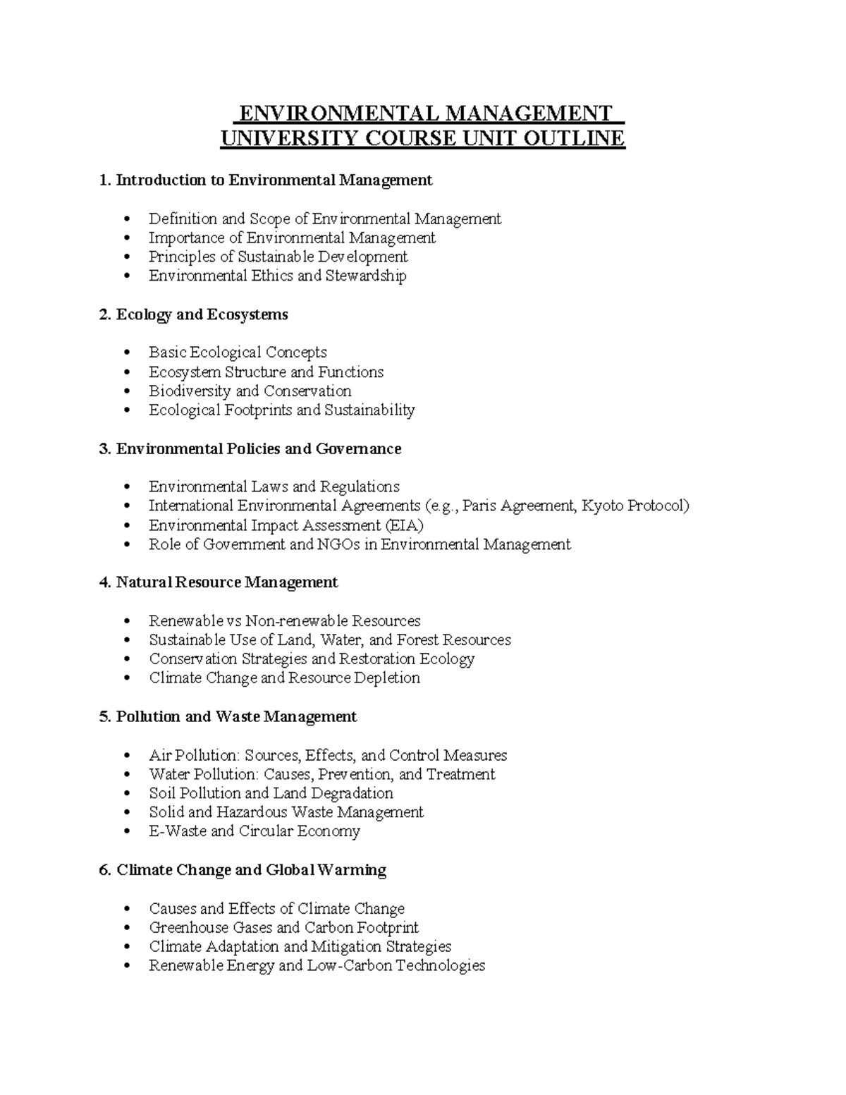 ENVIRONMENTAL MANAGEMENT (ENV 101) COURSE UNIT OUTLINE AND KEY CONCEPTS ...
