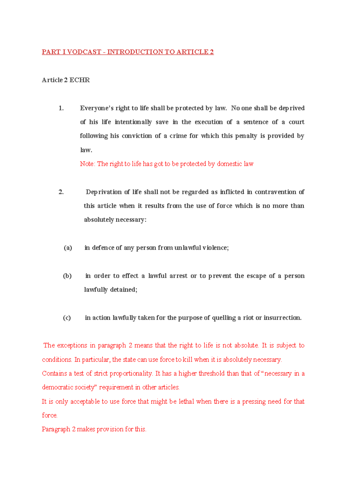 ECHR Article 2 Lecture Notes: Right to Life and Its Implications - Studocu