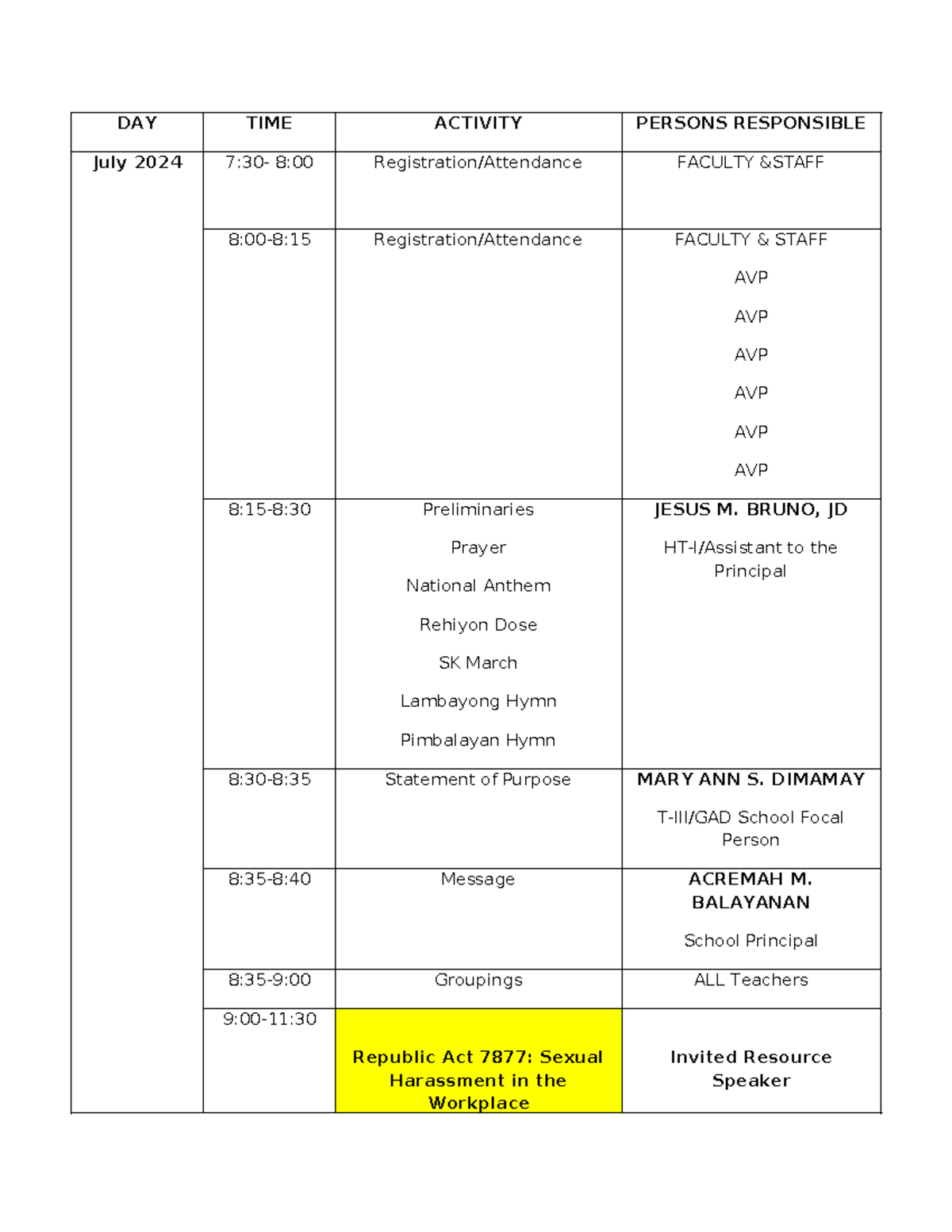 GAD Programme - Gice - DAY TIME ACTIVITY PERSONS RESPONSIBLE July 2024 ...