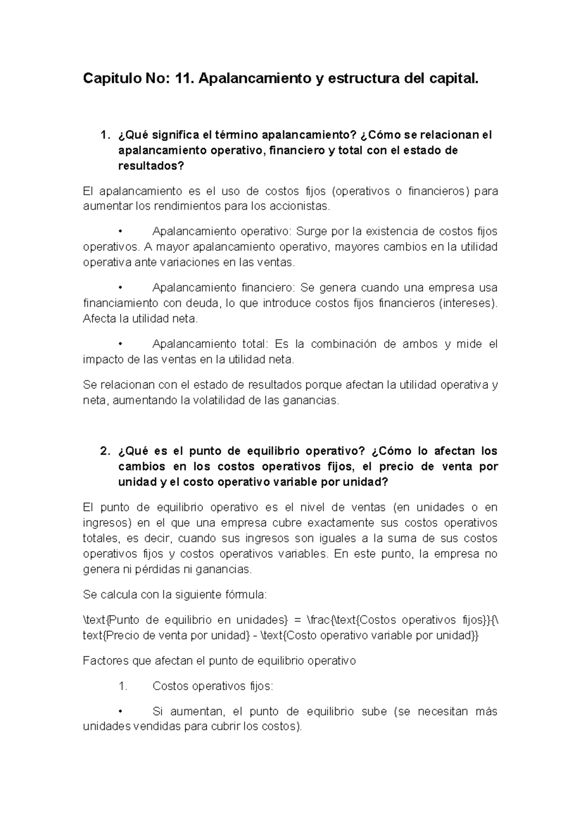 Copia de Capitulo No. 11: Apalancamiento y Estructura del Capital - Studocu