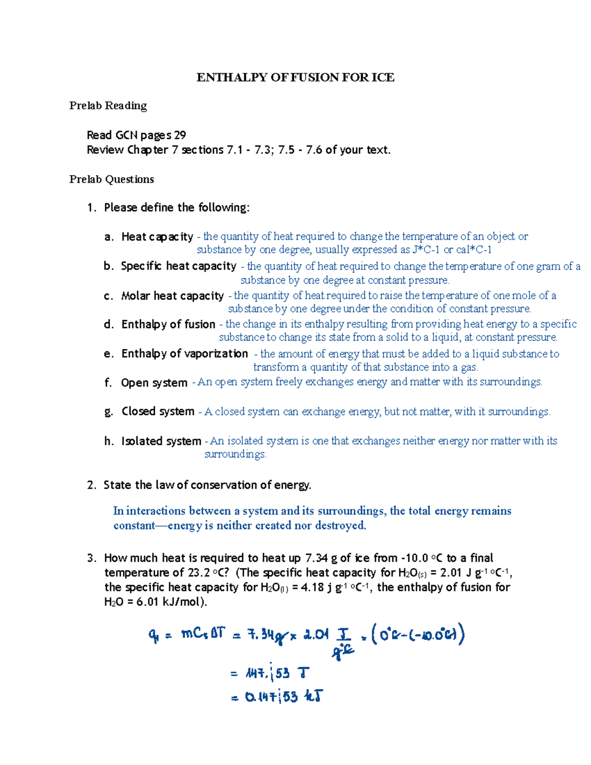 Prelab: Enthalpy of Fusion for Ice (Chem 101) - Studocu