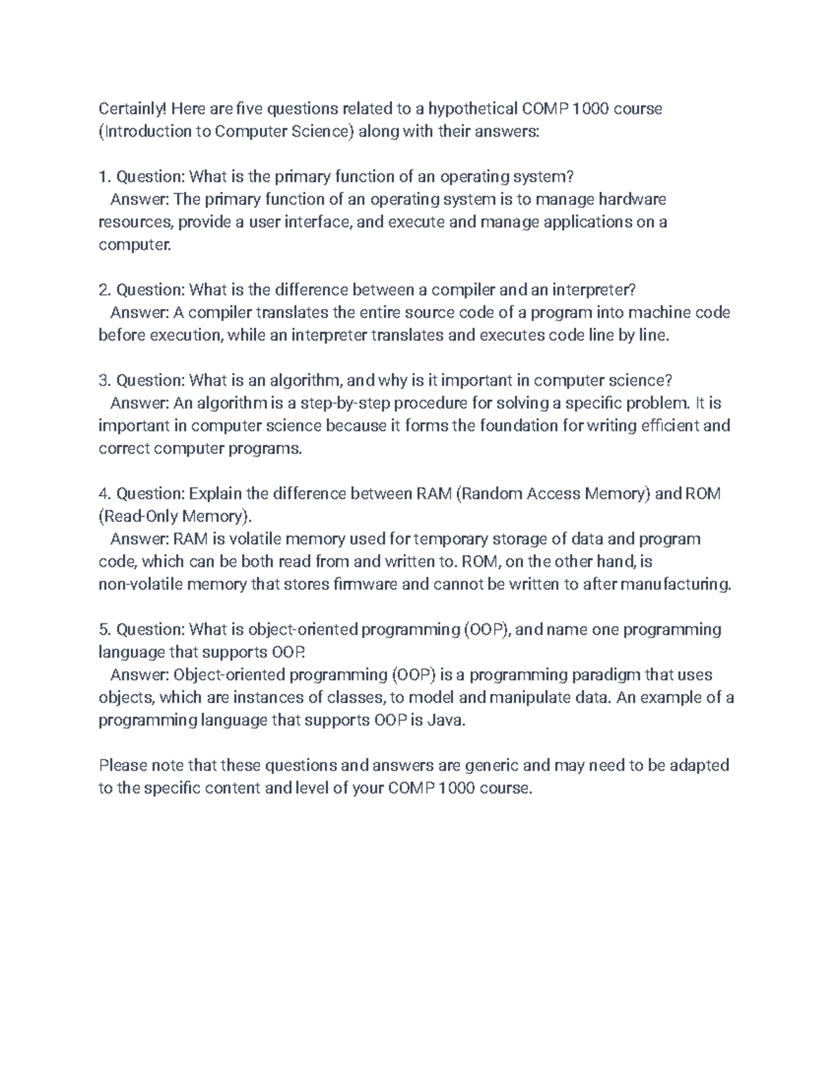 COMP 1000 - Key Concepts and Q&A for Introduction to CS - Studocu
