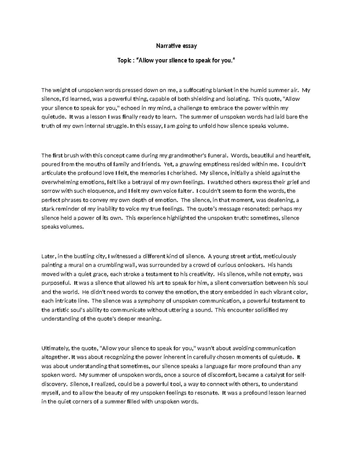 Narrative Essay: The Power of Silence in Unspoken Words - Studocu