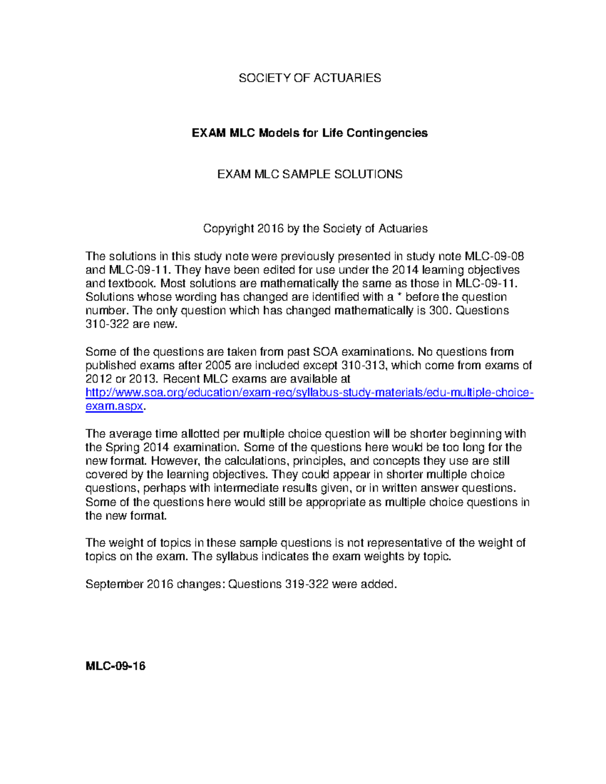 Edu 2014 spring mlc solution - Actuarial Science - UiTM - Studocu