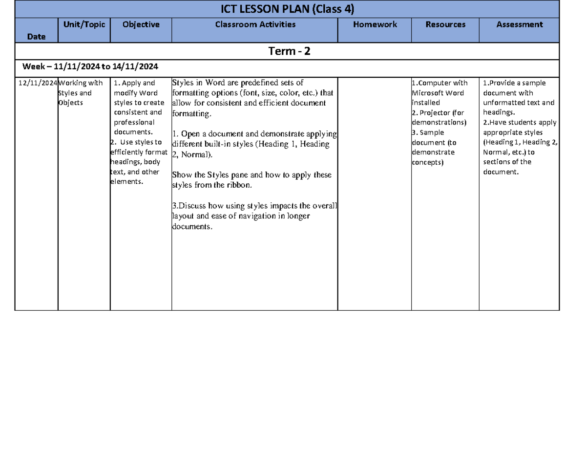 Chapter 5 Lesson PLAN Stage 4 - ICT LESSON PLAN (Class 4 ) Date Unit ...
