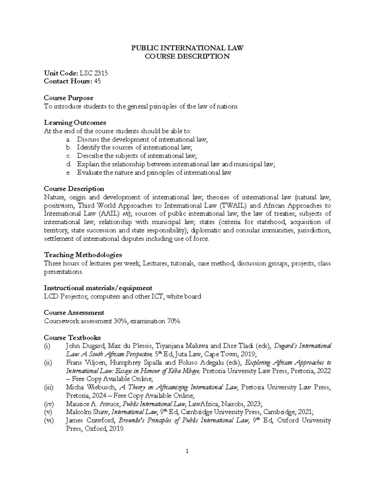 PIL Course Outline - LSC 2315 - JKUAT School of Law - Studocu