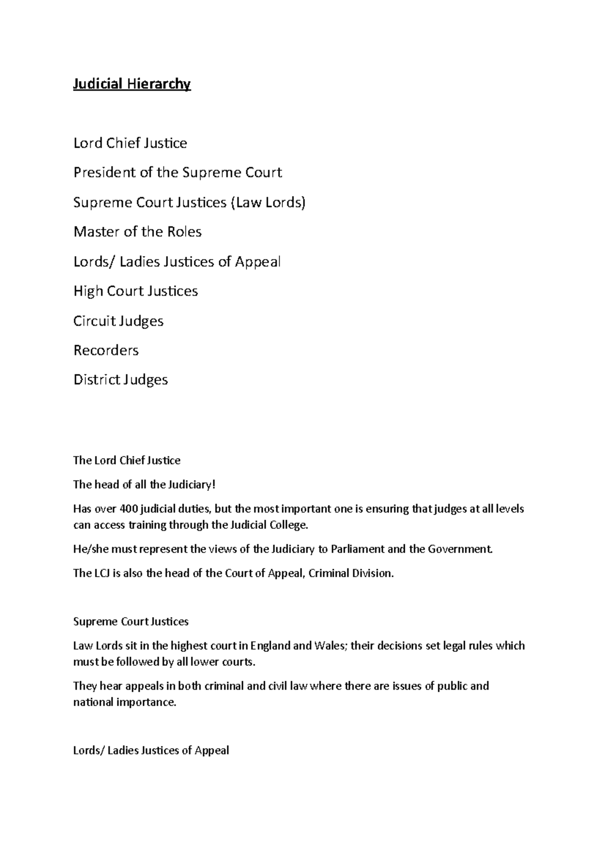 Judicial Hierarchy Overview: Roles and Responsibilities in Law - Studocu