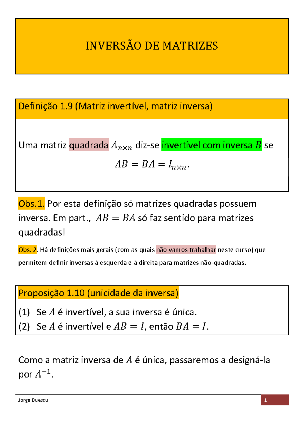 Aula 7 - Matriz Invertível e Propriedades de Inversão - Studocu