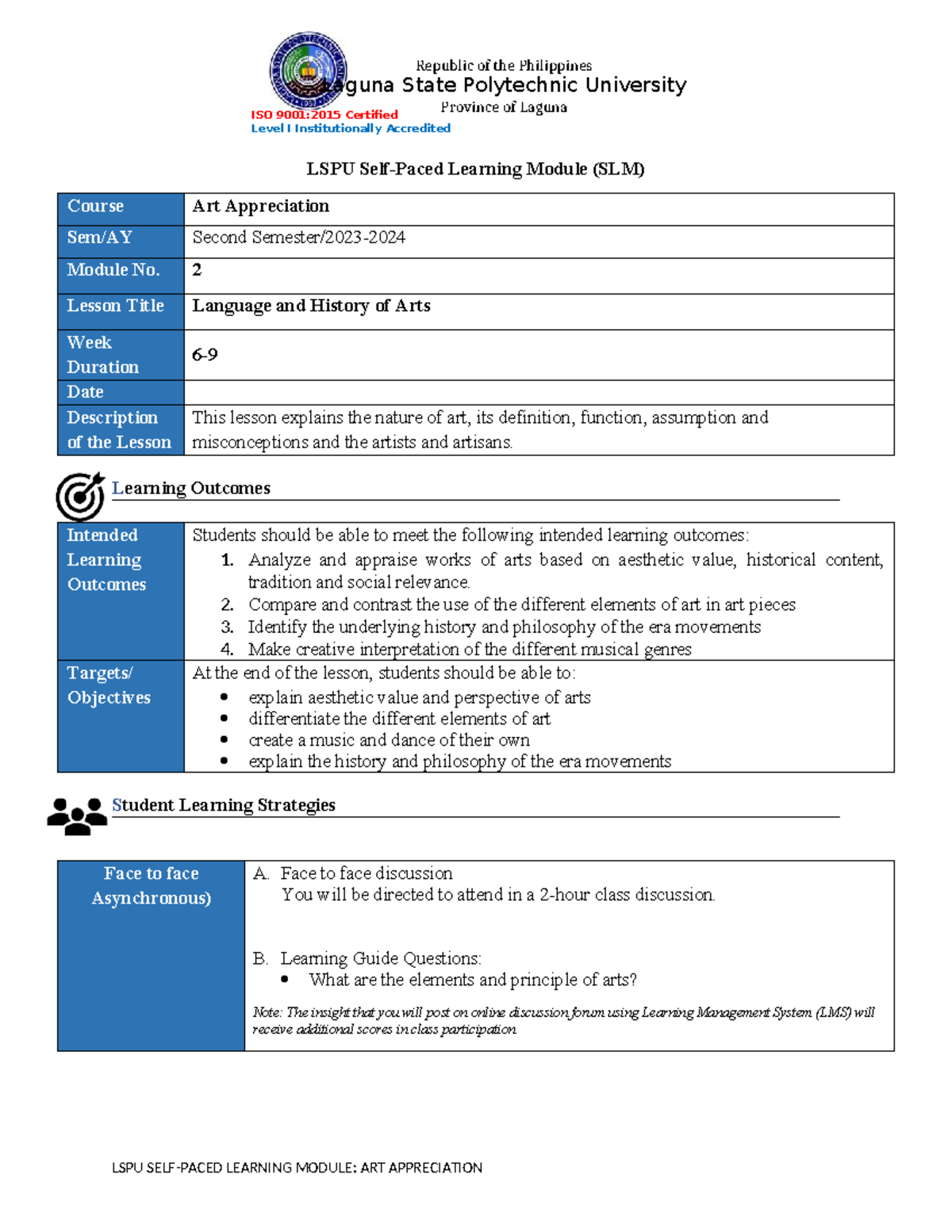 LSPU SLM: Art Appreciation Module 2 - Language & History of Arts - Studocu