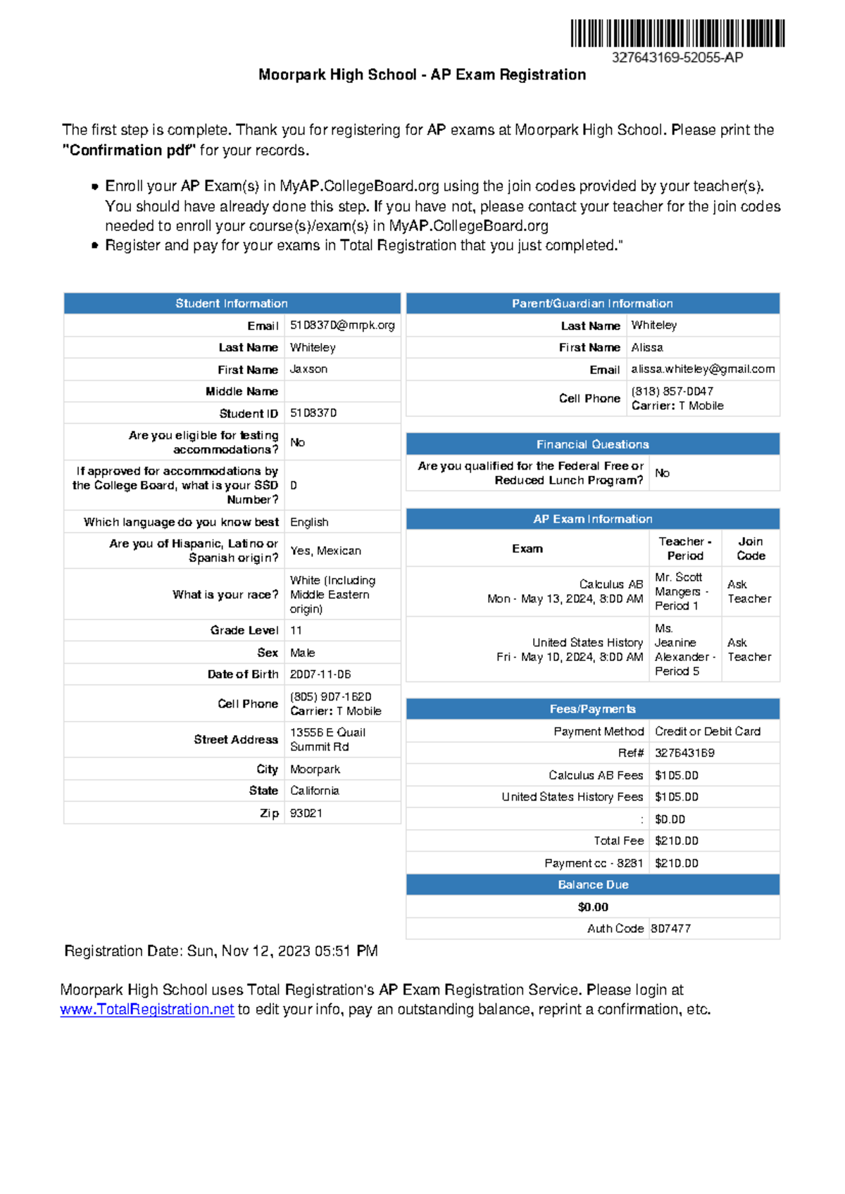 AP Exam Registration Confirmation for 2024 - Moorpark High School - Studocu
