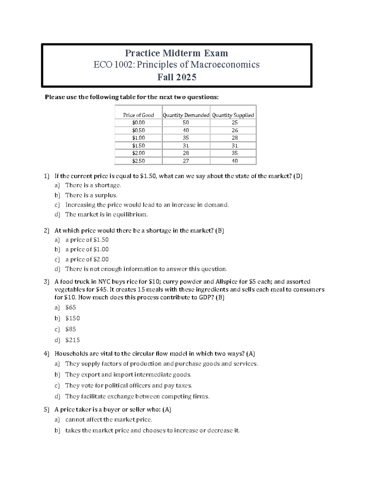 Practice Midterm Exam Solutions for ECO 1002 (Fall 2025) - Studocu