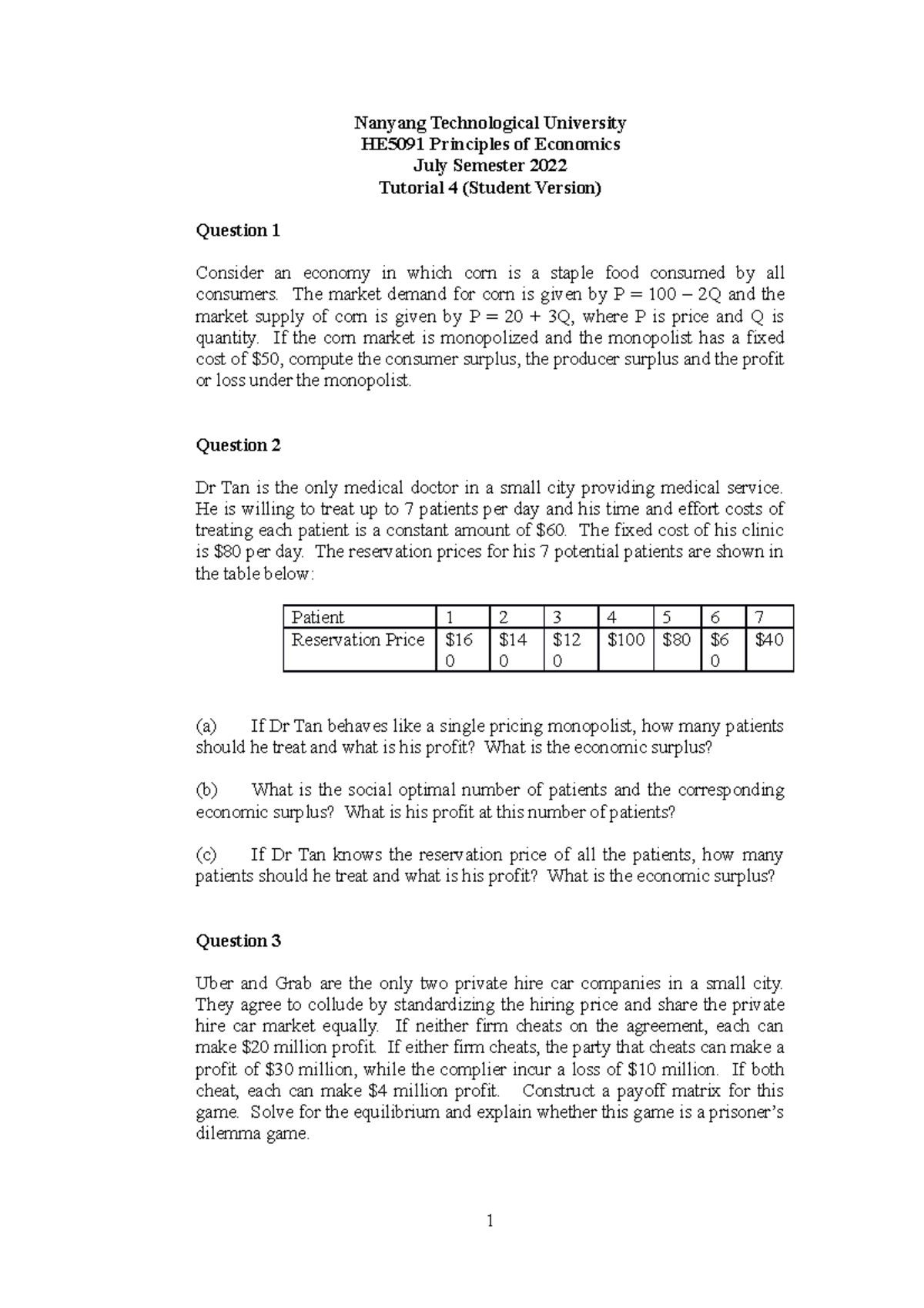 Tutorial 4 - nil - Nanyang Technological University HE5091 Principles ...
