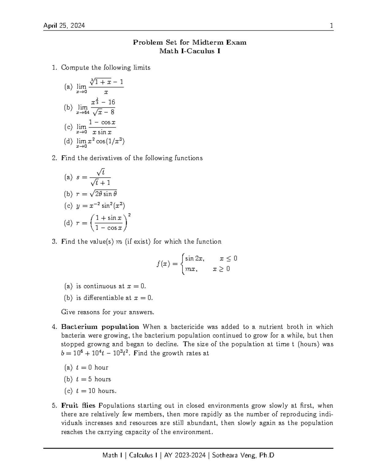 Math I Midterm Exam Problem Set - April 25, 2024 - Studocu