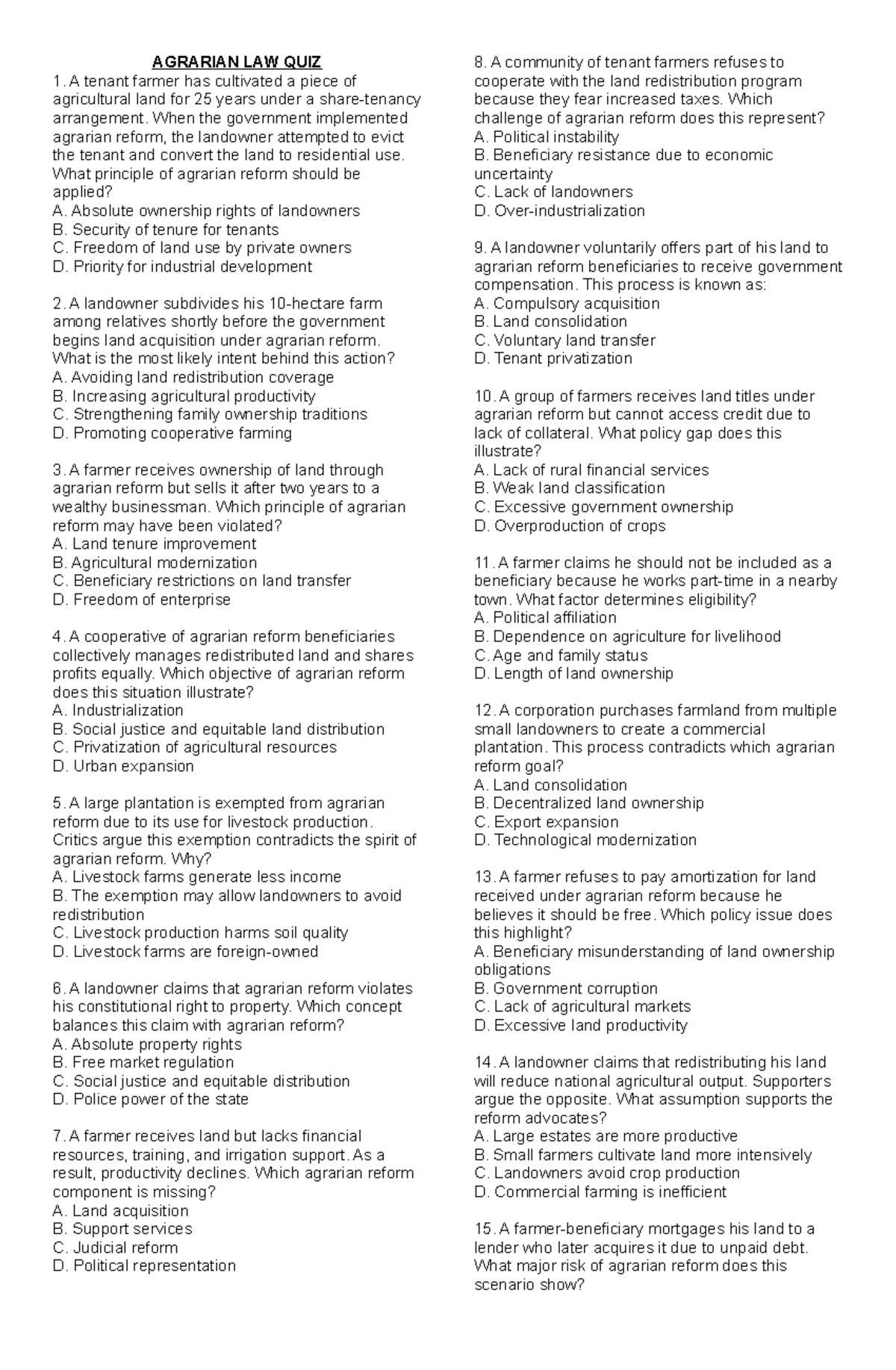 AGRARIAN LAW QUIZ 1: Key Concepts and Principles - Studocu