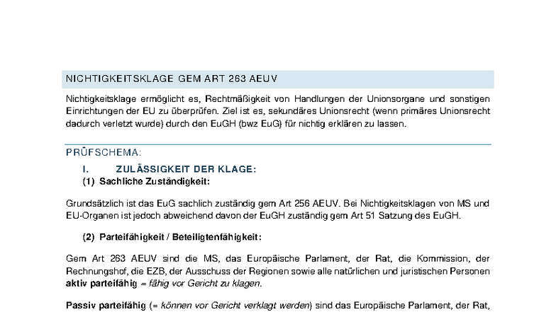 Nichtigkeitsklage gem Art 263 AEUV - Prüfungschema und Details - Studocu