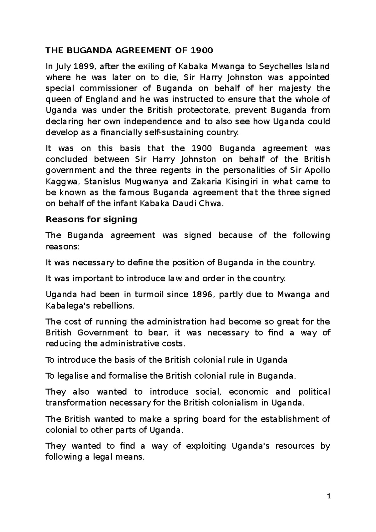 The Buganda Agreement of 1900: Colonial Impact and Legacy - Studocu