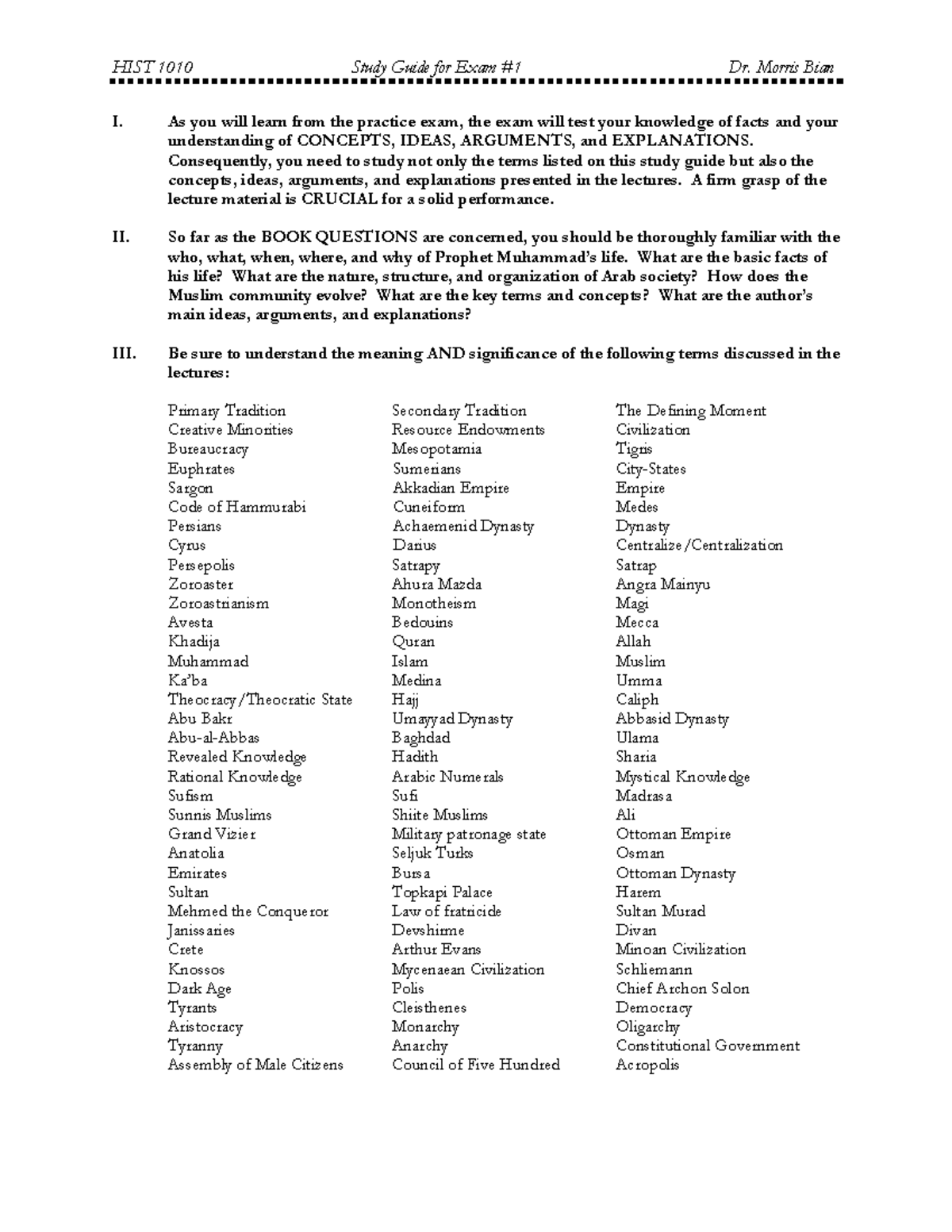 HIST 1010 Study Guide for Exam #1: Key Concepts & Terms - Studocu