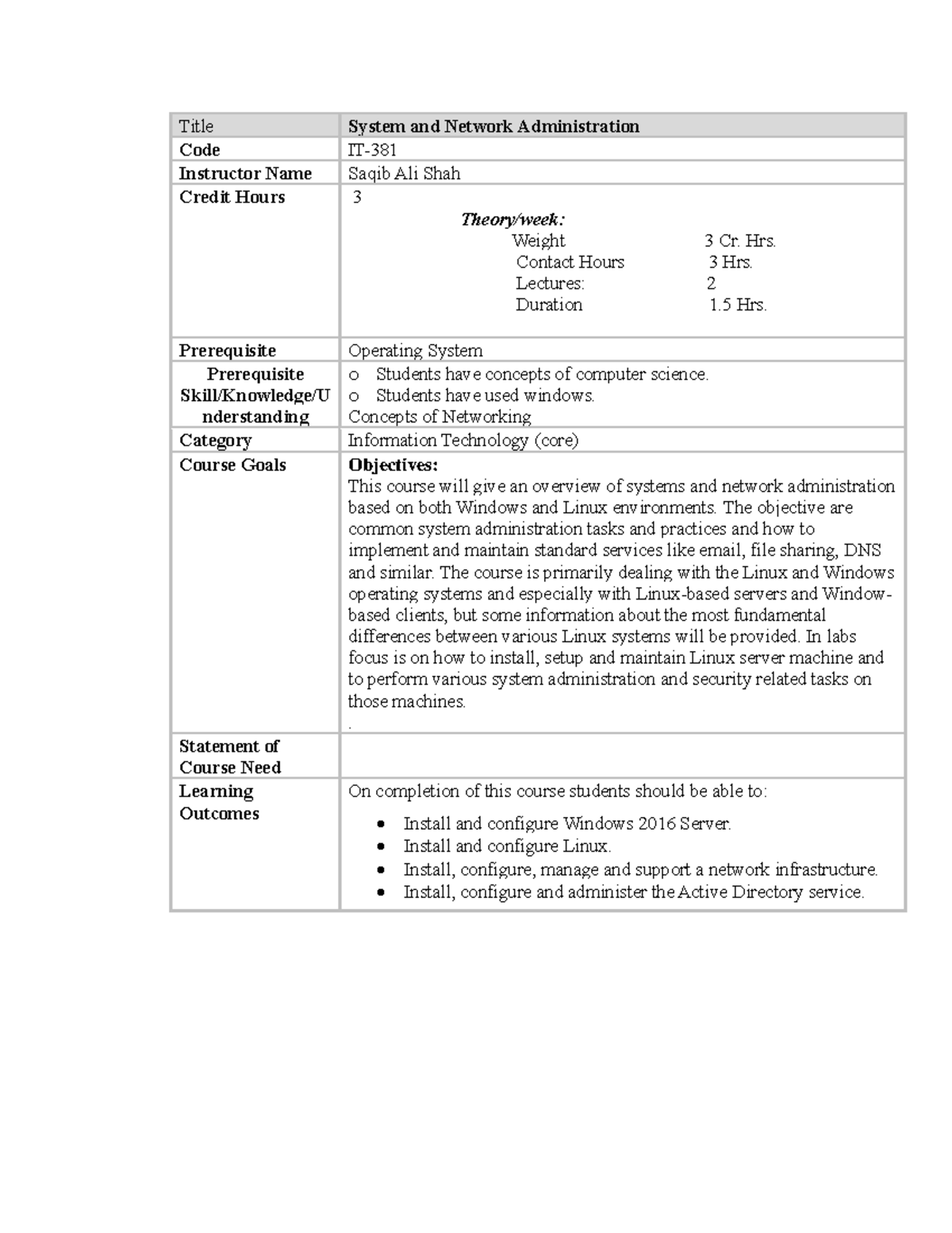 IT-381: System and Network Administration Course Outline - Studocu