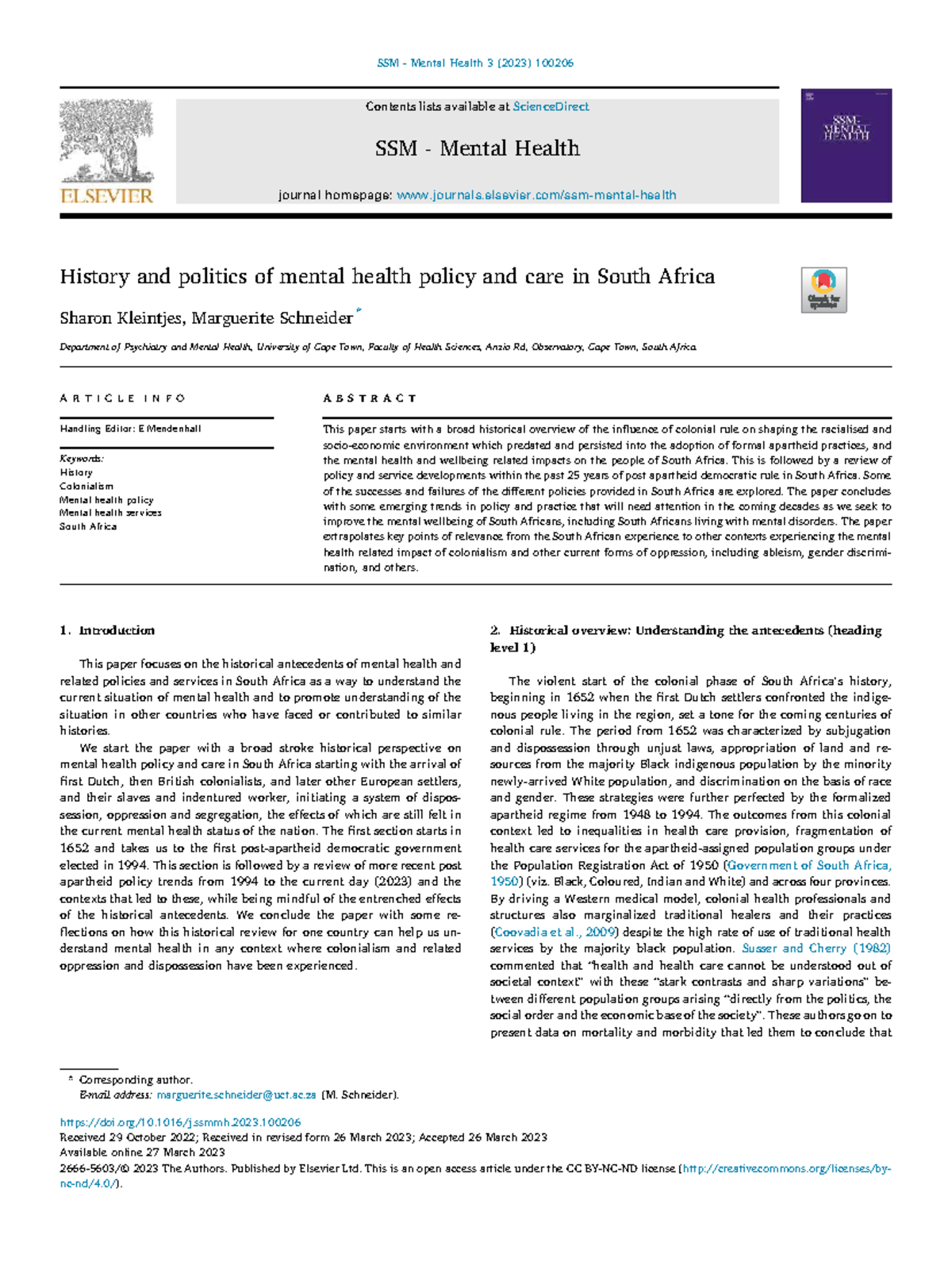 History of Mental Health Policy in South Africa: A 2023 Overview - Studocu