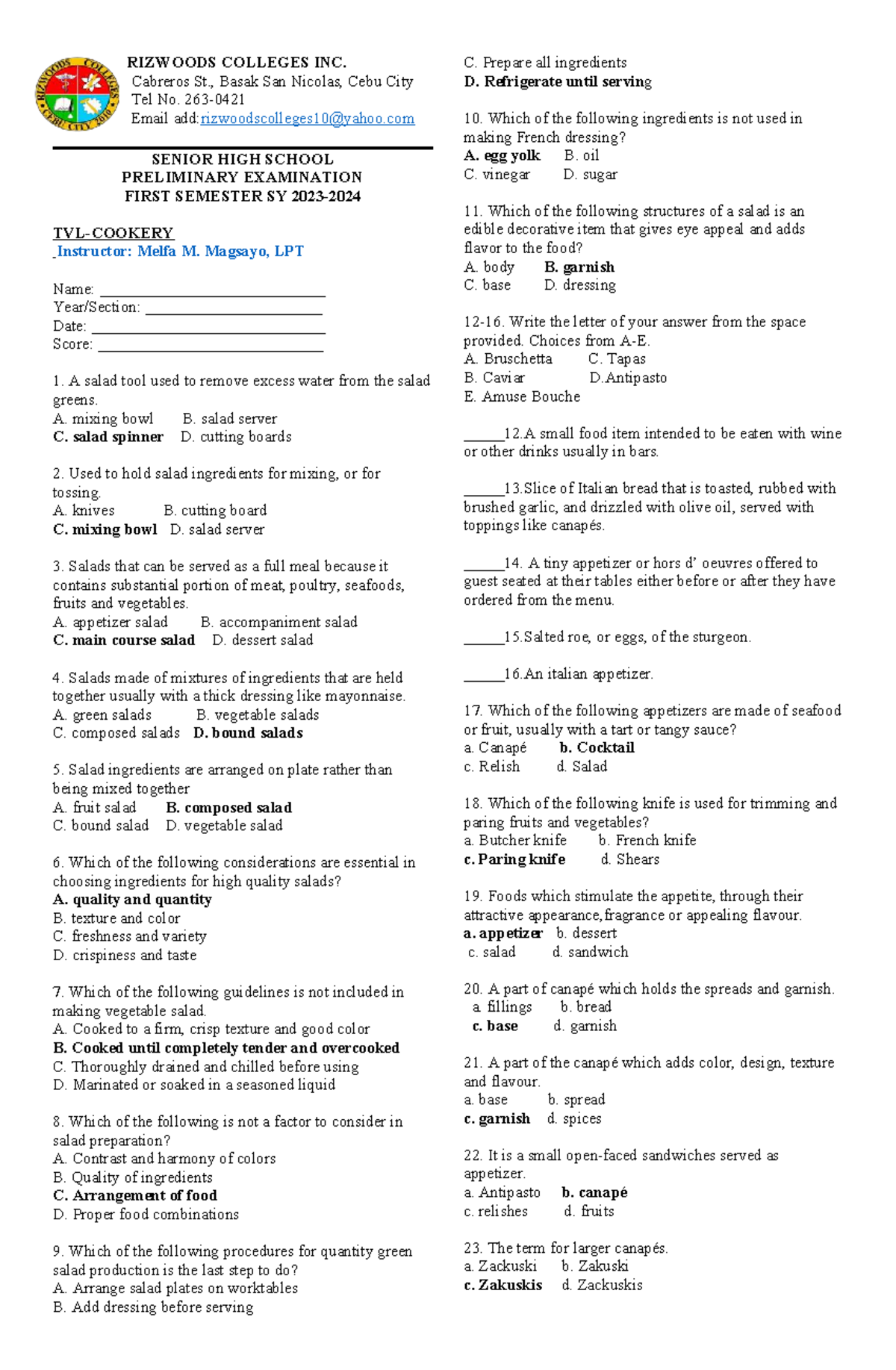 Cookery 101 Midterm Exam: Salad Preparation & Ingredients - Studocu
