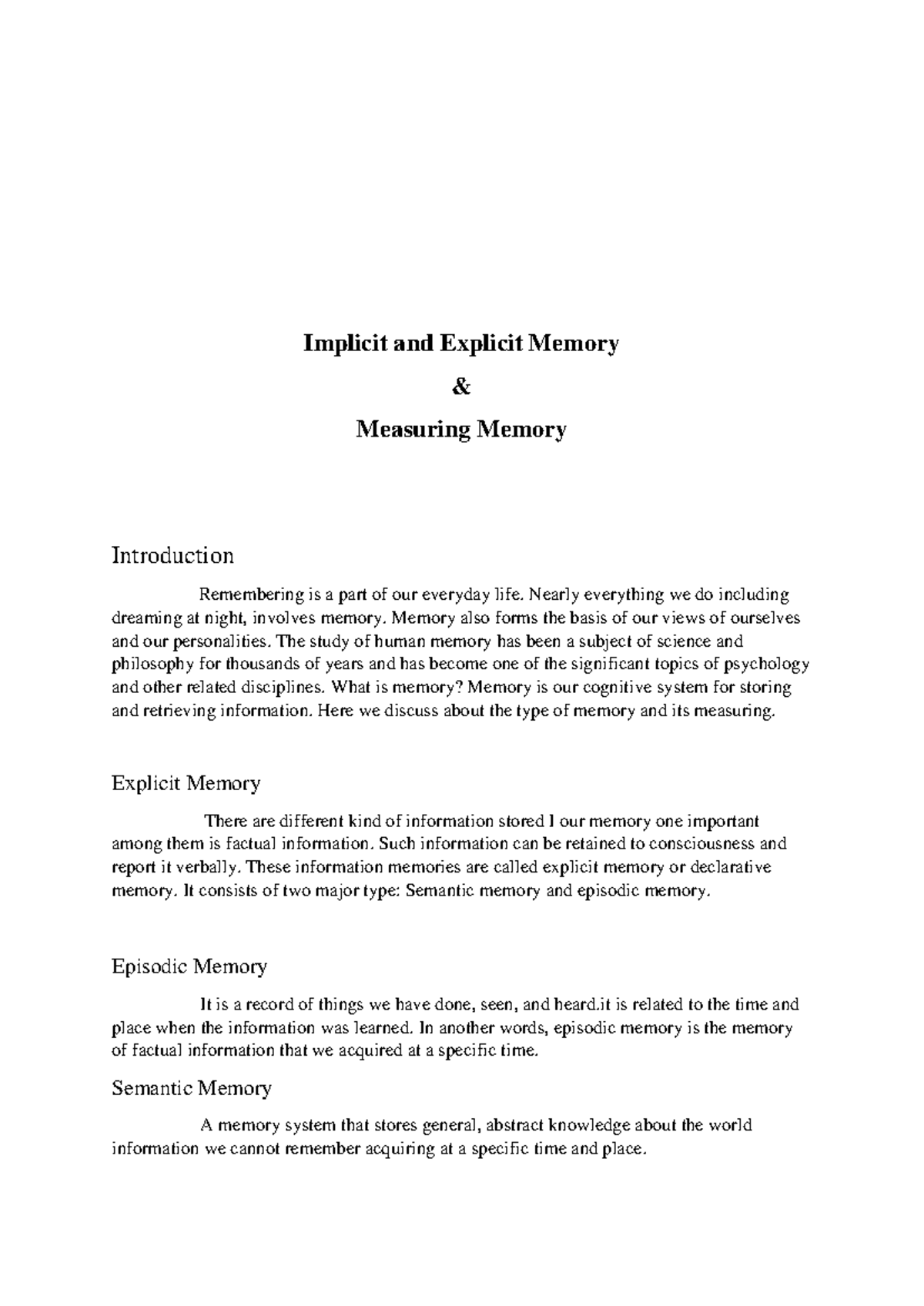 Memory Types: Implicit & Explicit | Concepts & Measurement - Studocu
