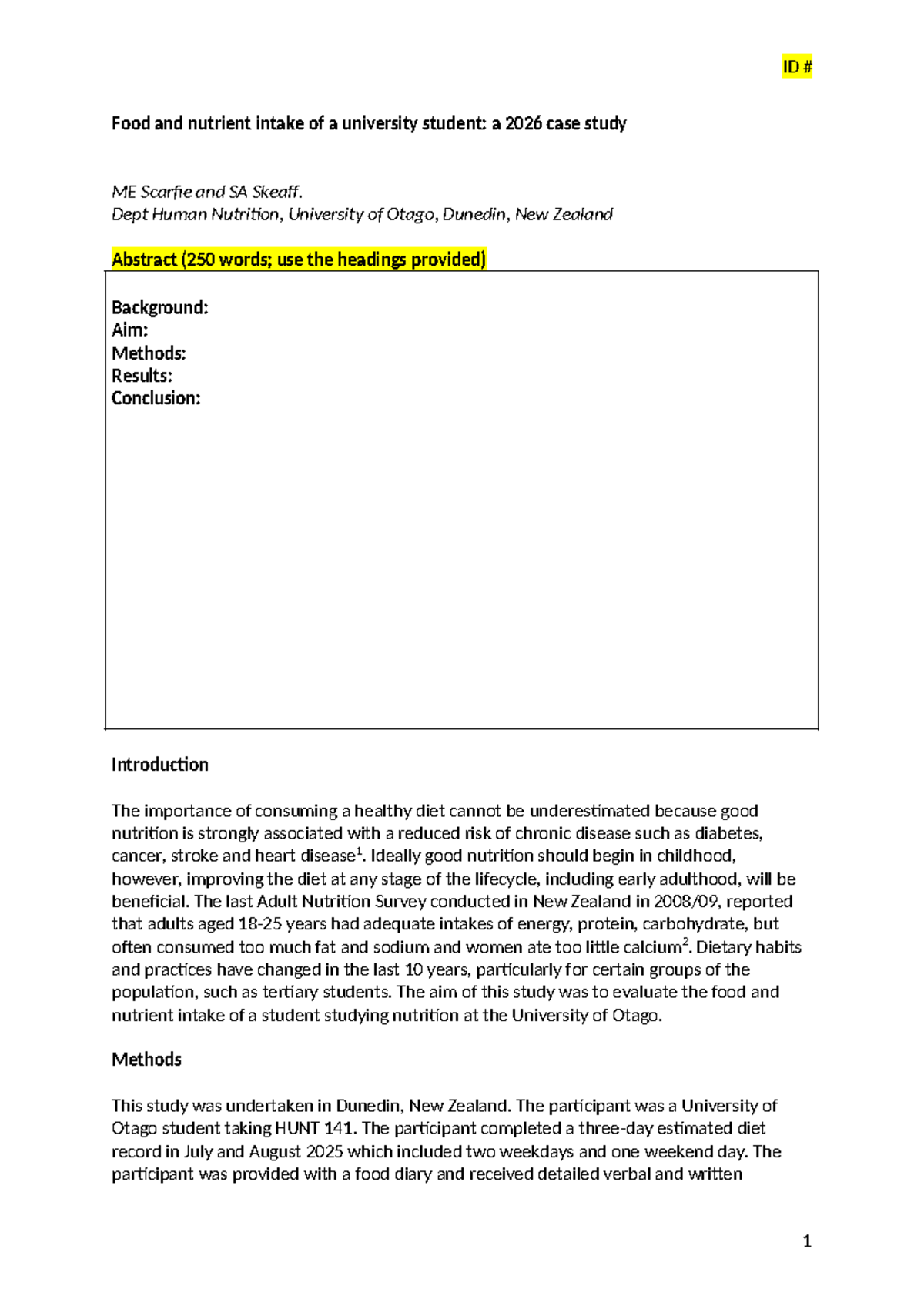 HUNT 141: Food and Nutrient Intake Case Study of a University Student ...