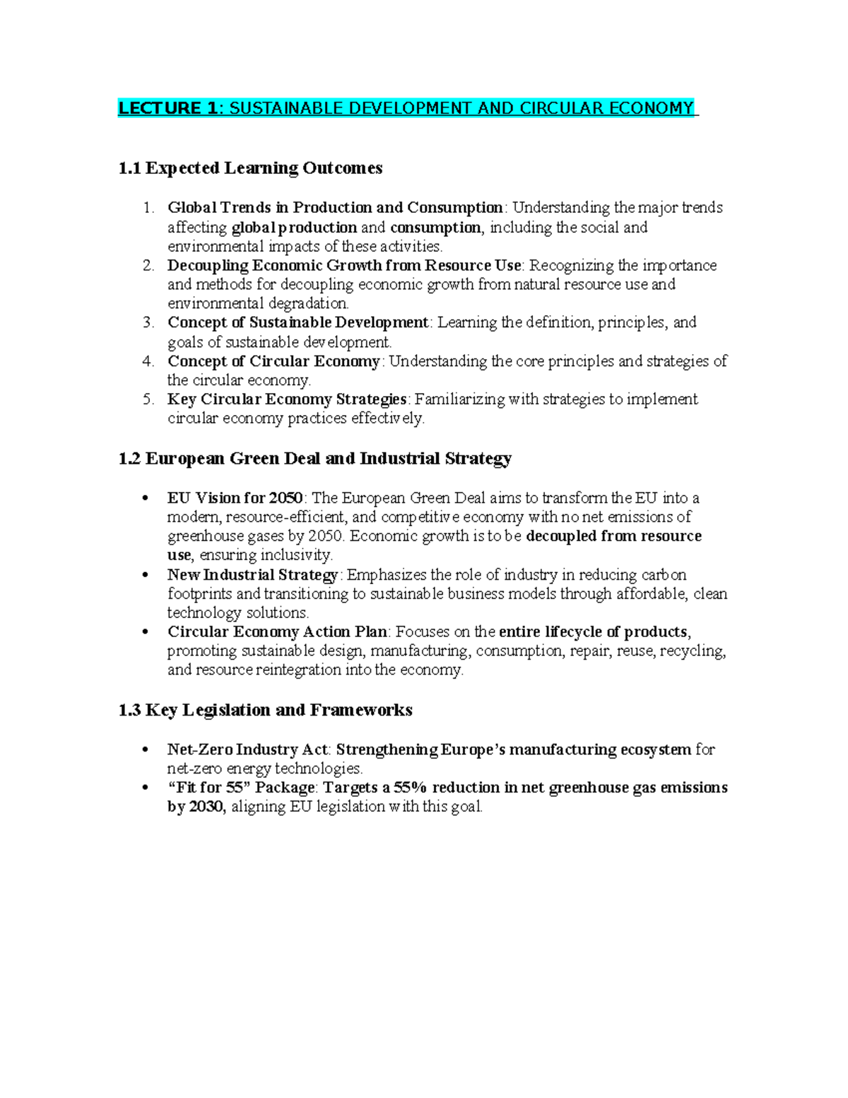 Lecture 1 - Sustainable Development and Circular Economy Notes - Studocu