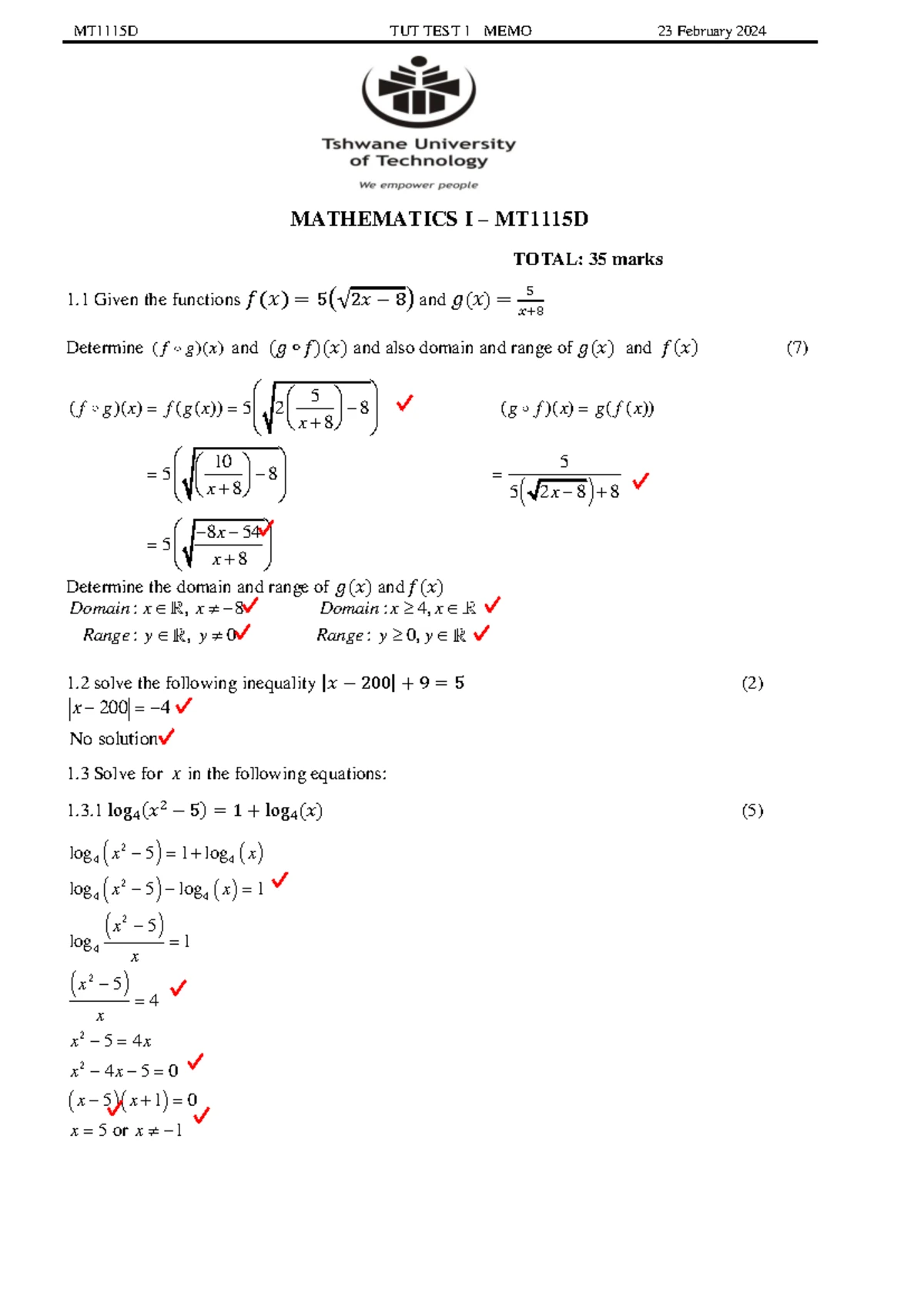 MT1115D TUT TEST 1 SEM1 2025 MEMO - Mathematics Solutions - Studocu