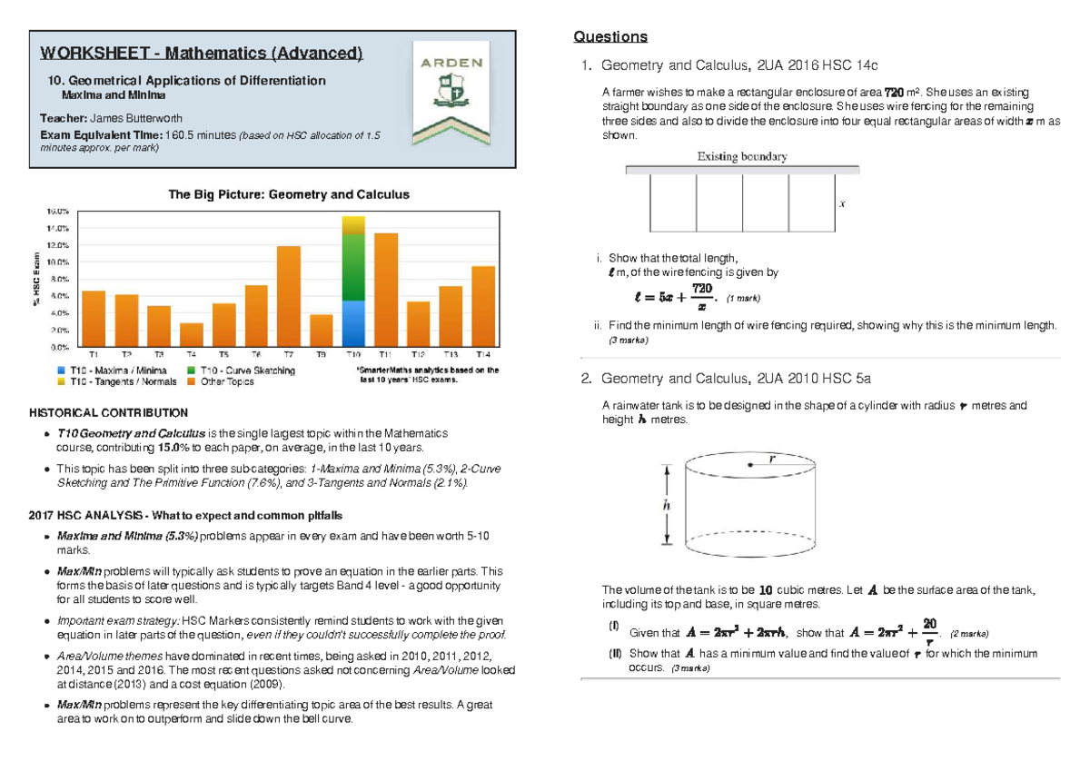 2019 MA 10 Maxima and Minima Worksheet HSC Questions & Solutions - Studocu