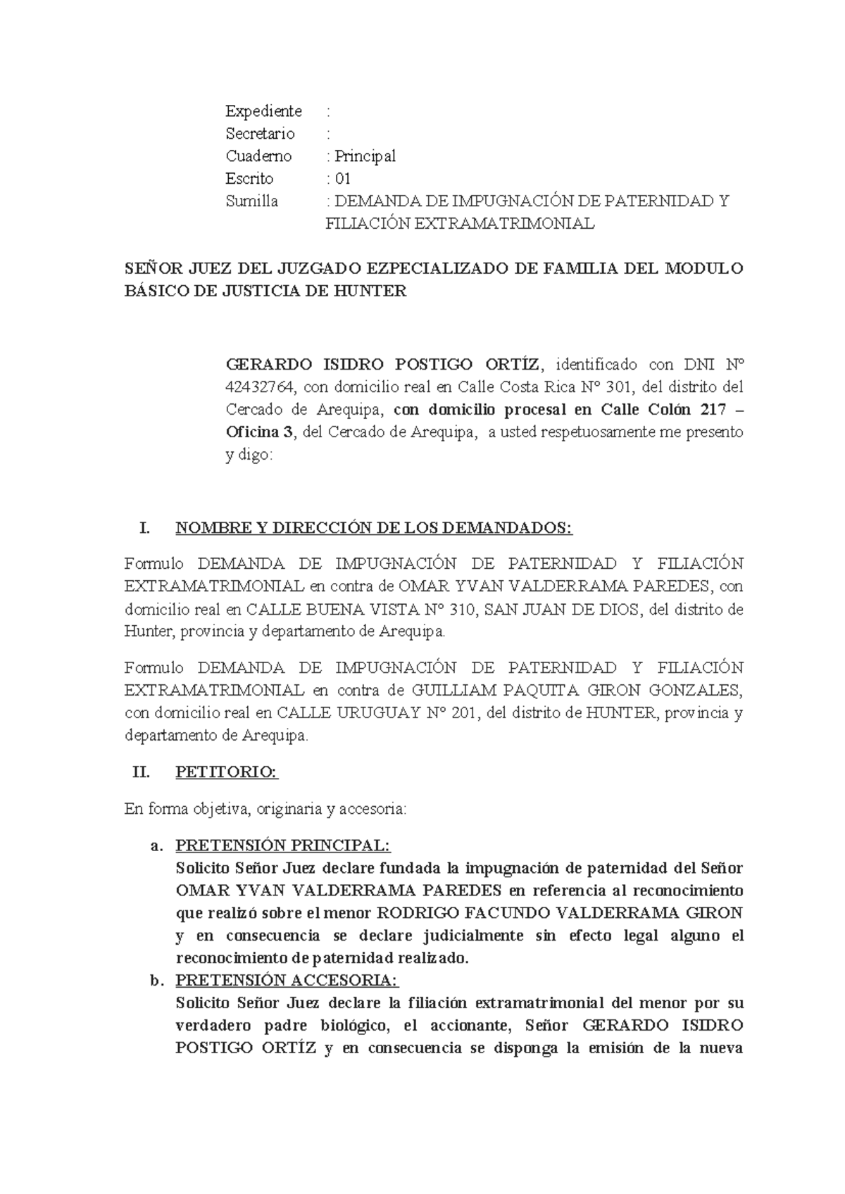 Modelo de Demanda de Impugnación de Paternidad y Filiación Extramatrimonial - Document Preview