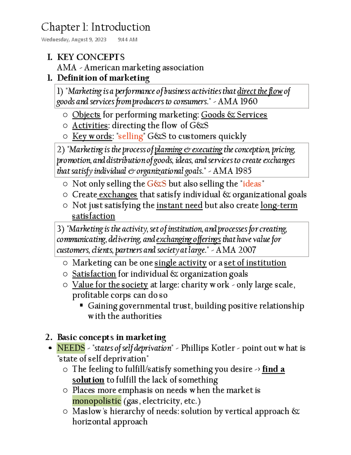 Chapter 1 Notes - Marketing Concepts and Evolution (MKT101) - Studocu