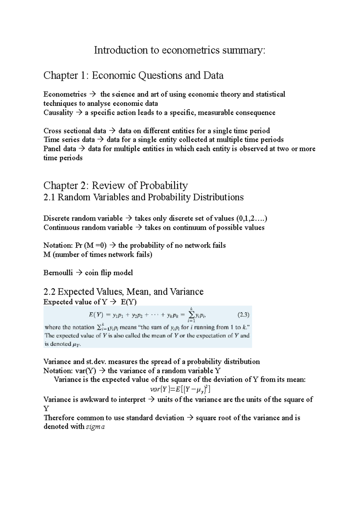 Econometrics Summary: Chapters 1-3 Overview and Key Concepts - Studocu