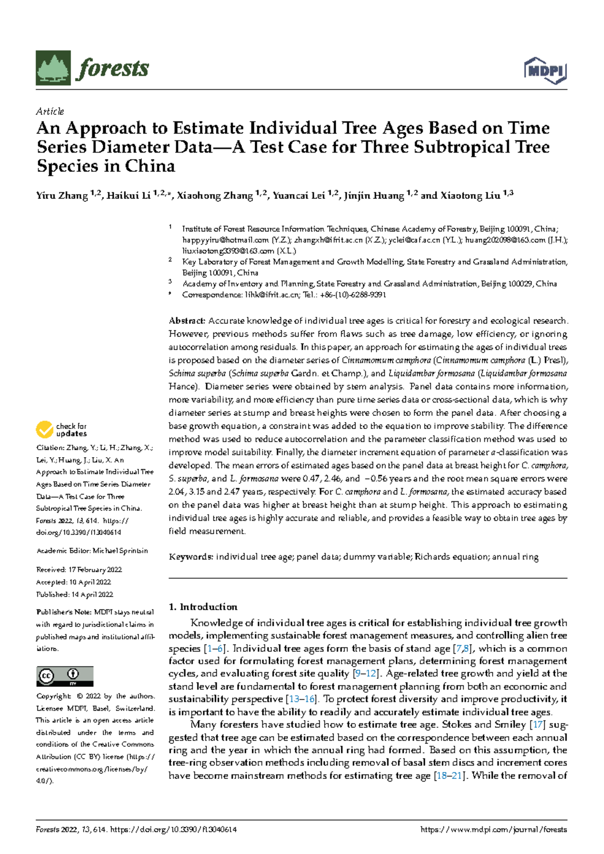 Estimating Individual Tree Ages Using Diameter Series: A Study on ...