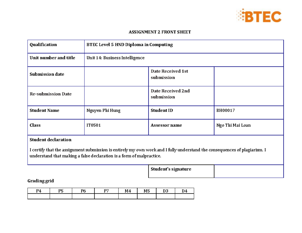 ASM2 DSA BH00017 Phi Hung - ASSIGNMENT 2 FRONT SHEET Qualification BTEC ...