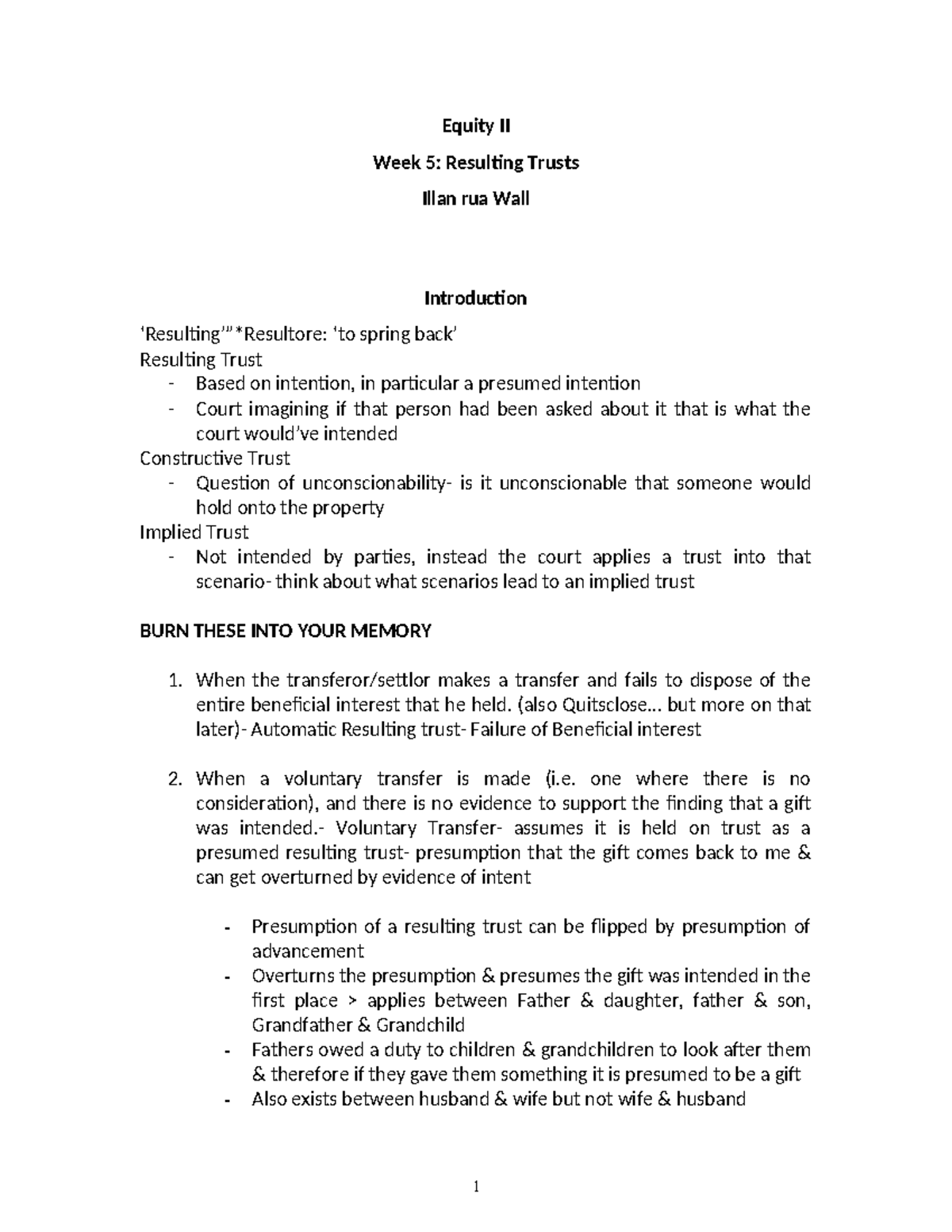 Equity II: Week 5 - Resulting Trusts Overview and Key Concepts - Studocu