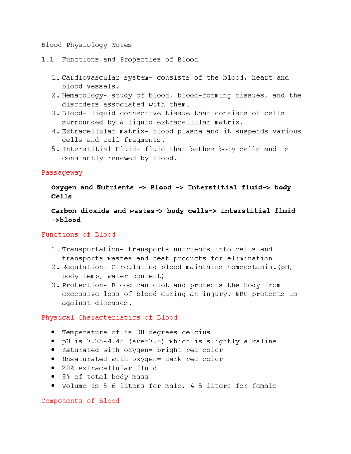 Blood Physiology Notes - Hematology- study of blood, blood-forming ...