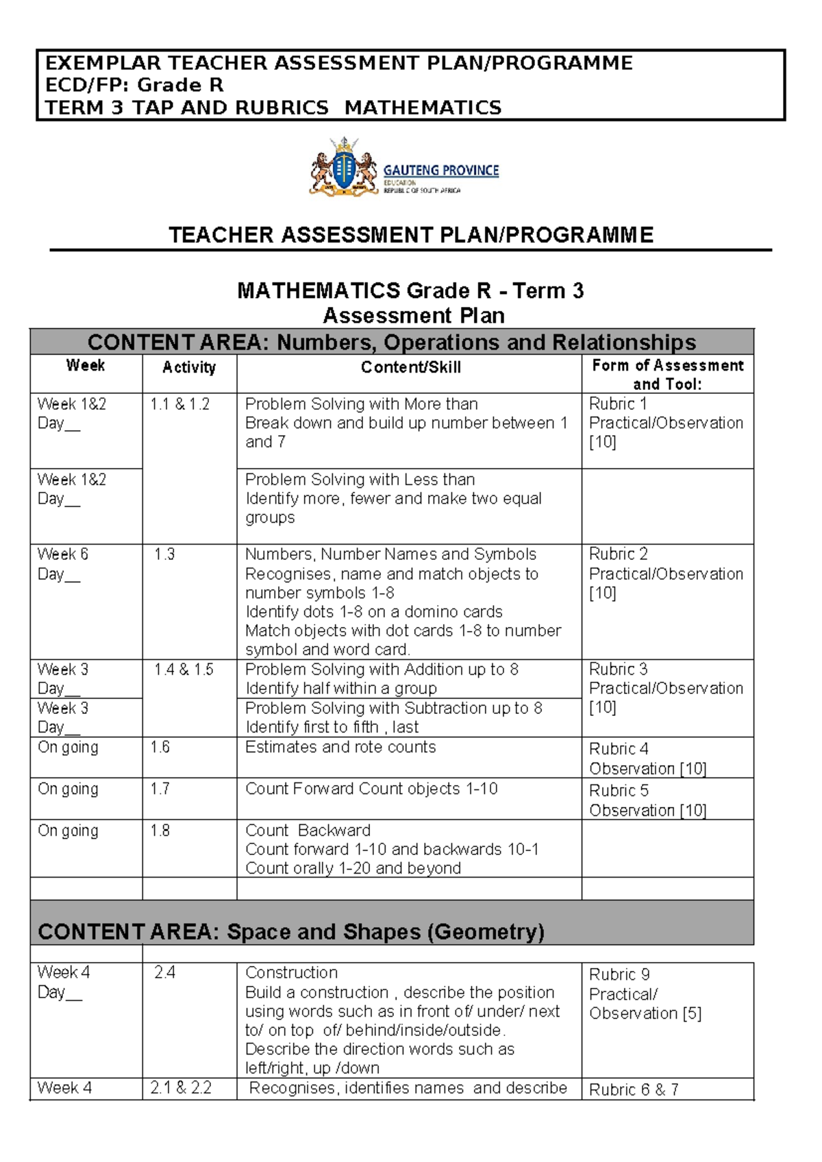 TERM 3 GR R Exemplar Mathematics Assessment Plan & Rubrics - Studocu