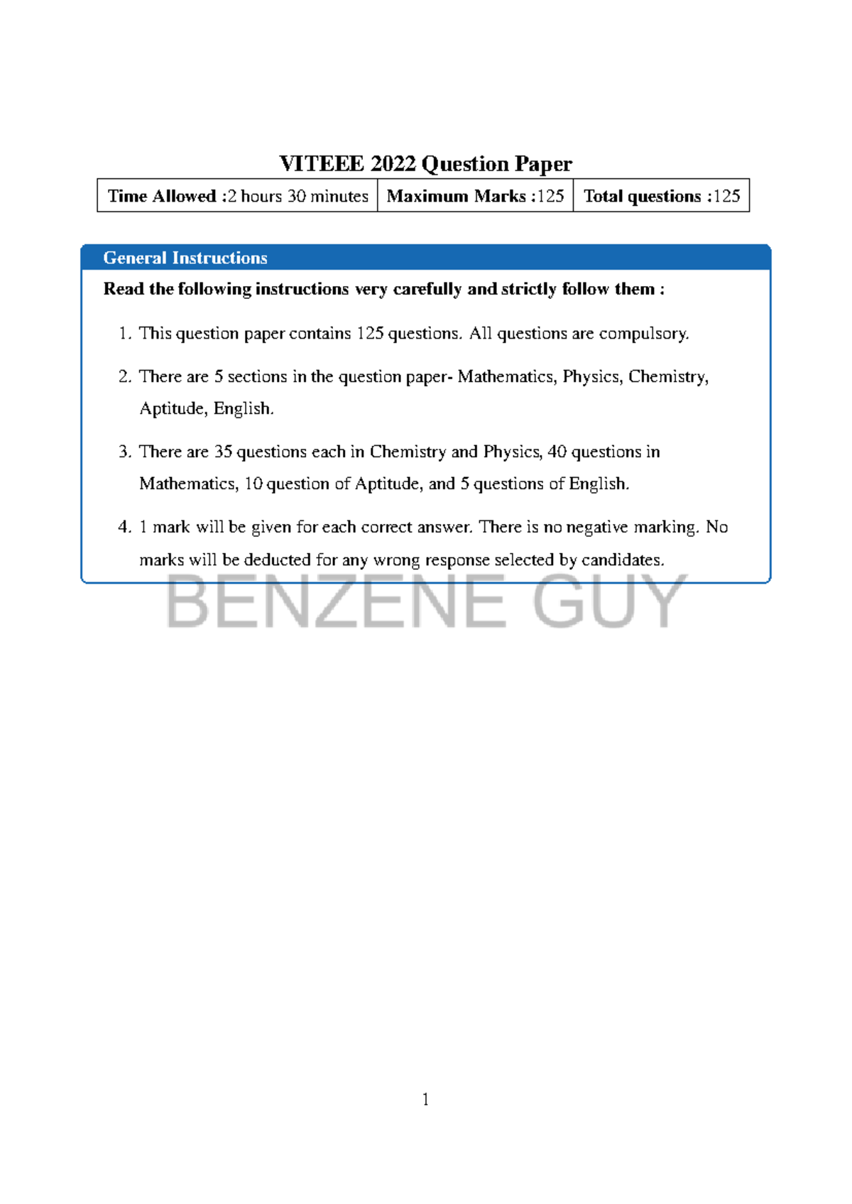 VITEEE 2022 Entrance Exam Question Paper with 125 Questions - Studocu