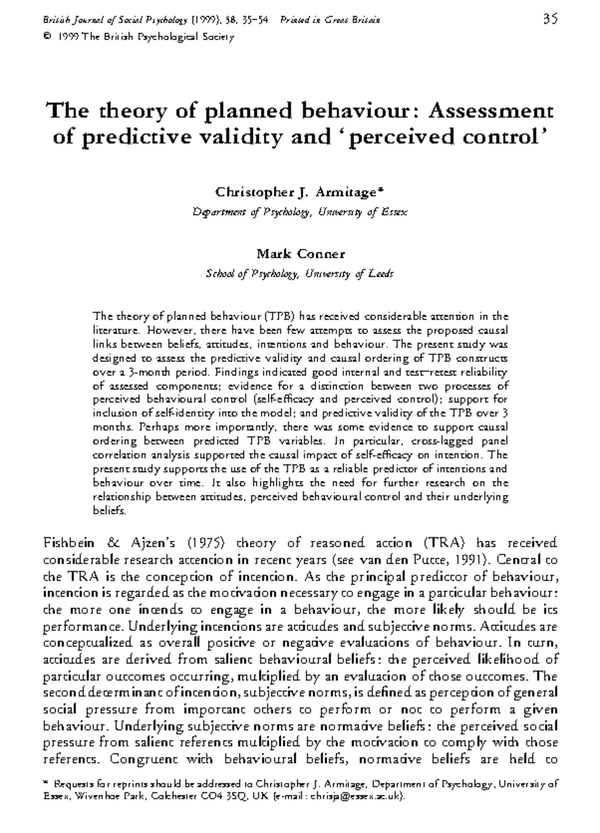 Assessment of Predictive Validity and Perceived Control in TPB (SSCi ...