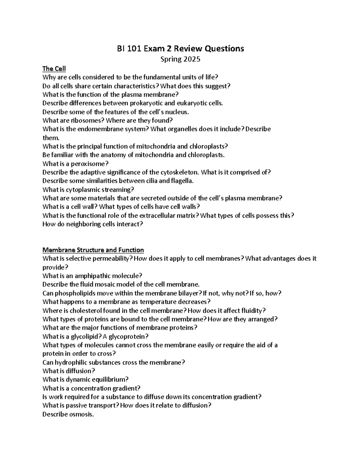BI 101 Exam 2 Review Questions - Spring 2025: Cell Structure & Function ...