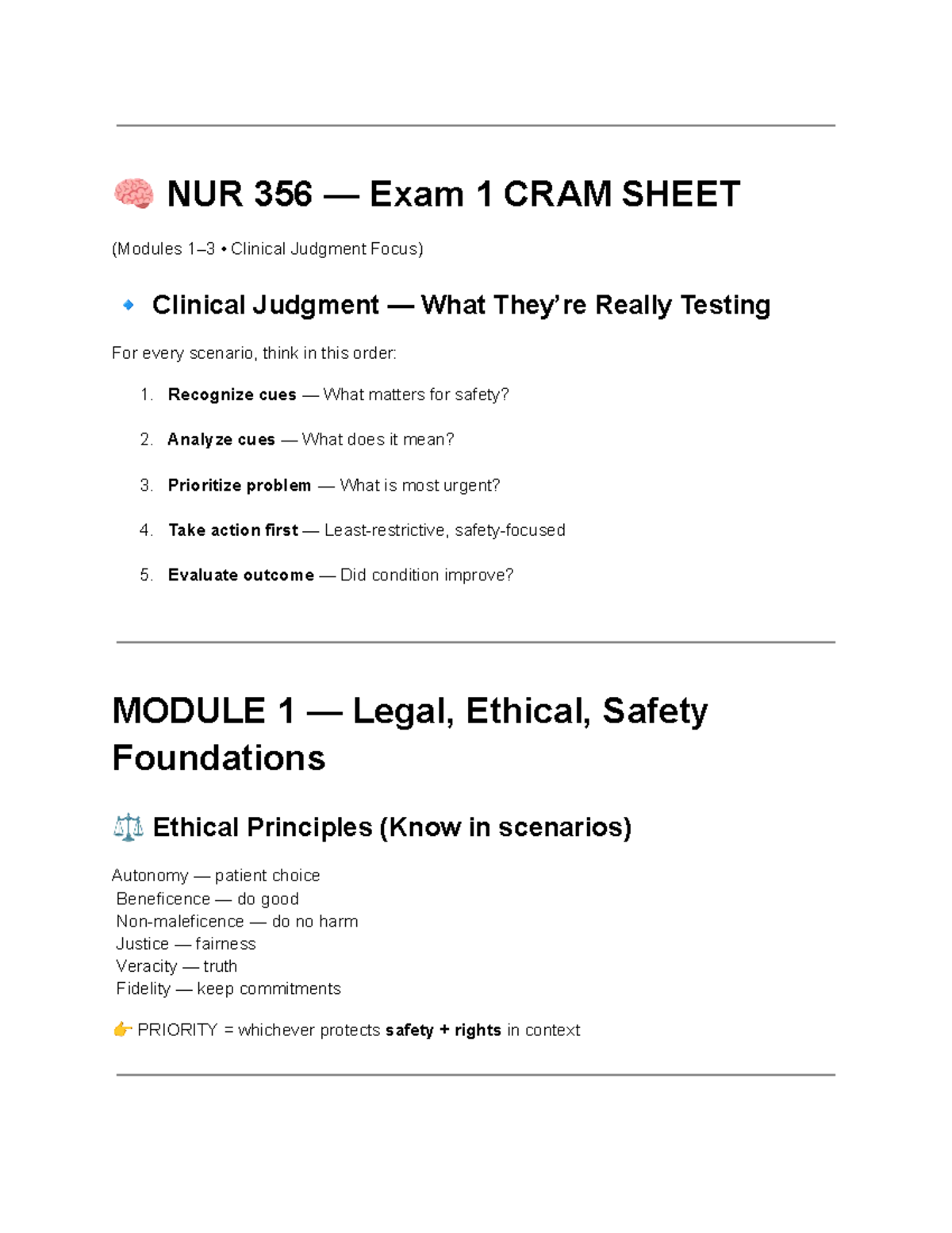 🧠 NUR 356 — Exam 1 CRAM Sheet: Clinical Judgment & Key Concepts - Studocu